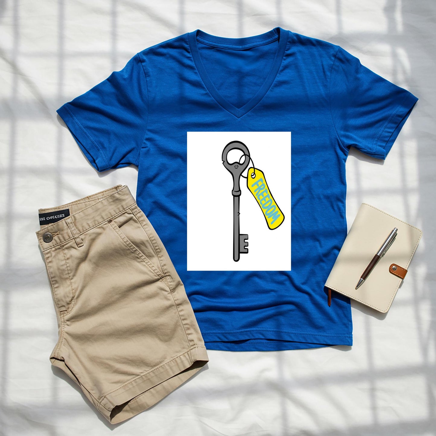 Unisex V-neck Tee with Freedom Key Design | Motivational Inspirational Shirt | Positive Message Apparel | Liberation Independence Gift