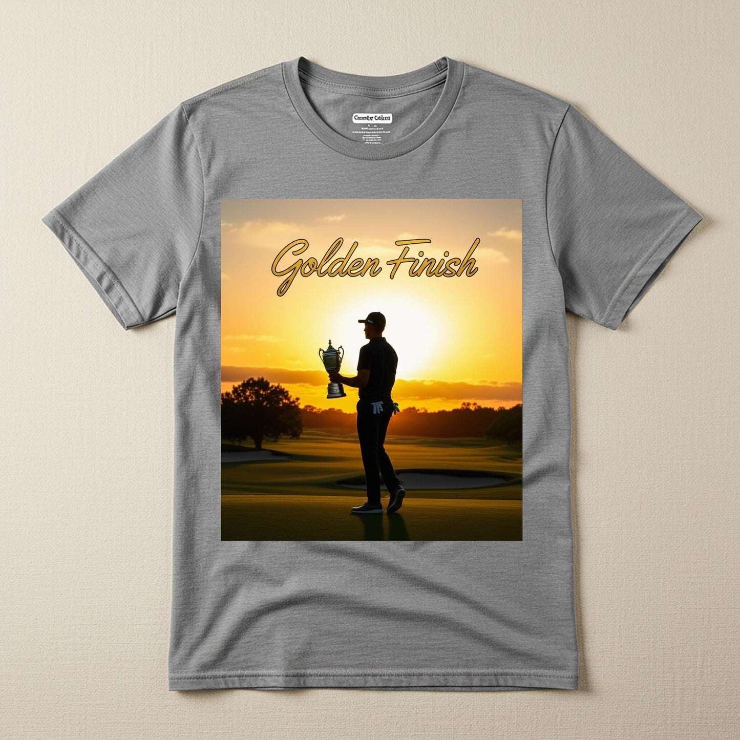 Golden Finish Golf T-Shirt | Triumphant Golfer Sunset Tee | Victory Achievement Apparel | Inspirational Sports Fan Gift for Him Her