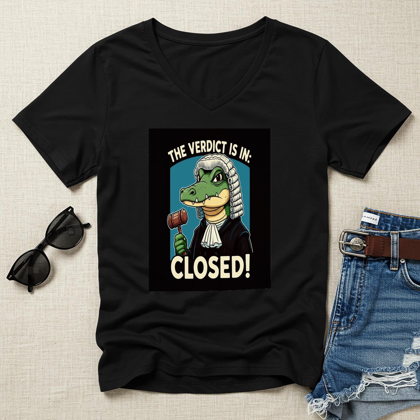 Gavel Gator Judge Tee | Funny Lawyer Gift | Verdict Closed Shirt | Case Closed Legal Humor Apparel | Witty Law Student | Unisex V-Neck
