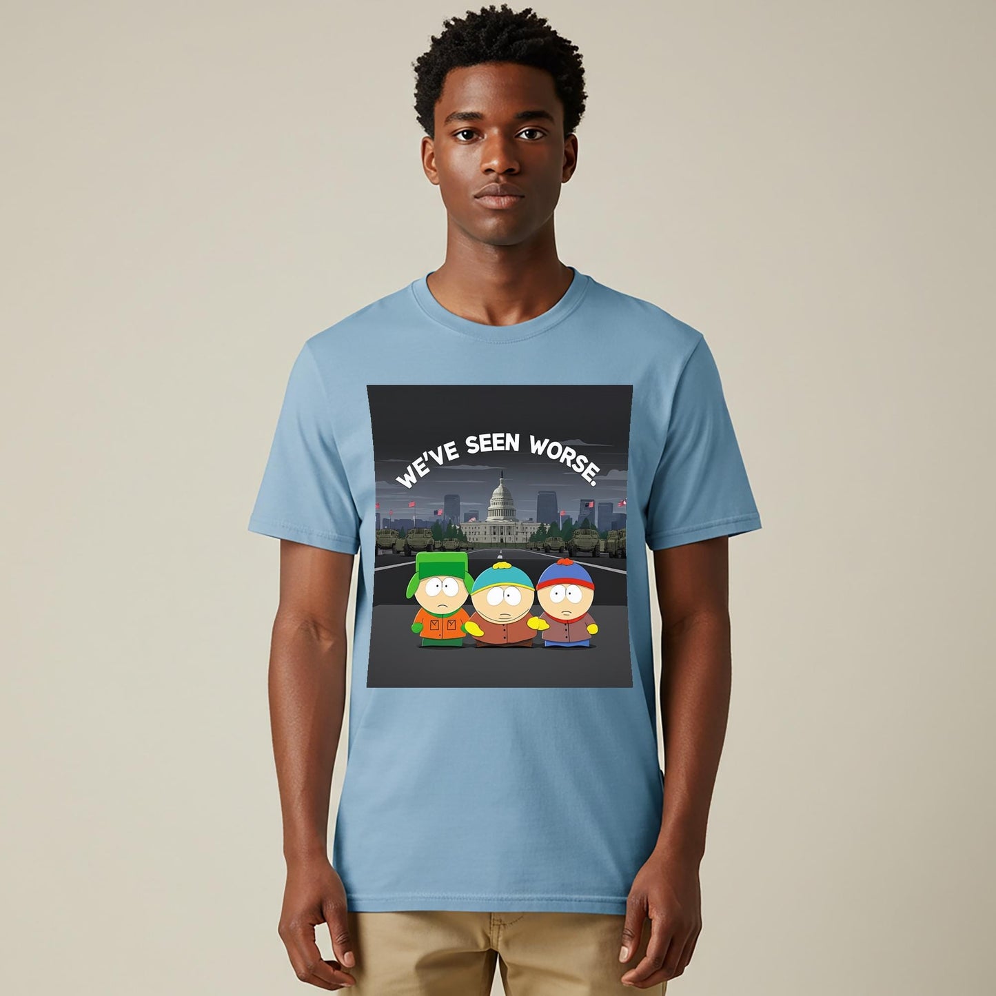 South Park We've Seen Worse T-Shirt | Political Satire Dark Humor Tee | Cynical Pop Culture Apparel | Unisex Garment Dyed Shirt Gift