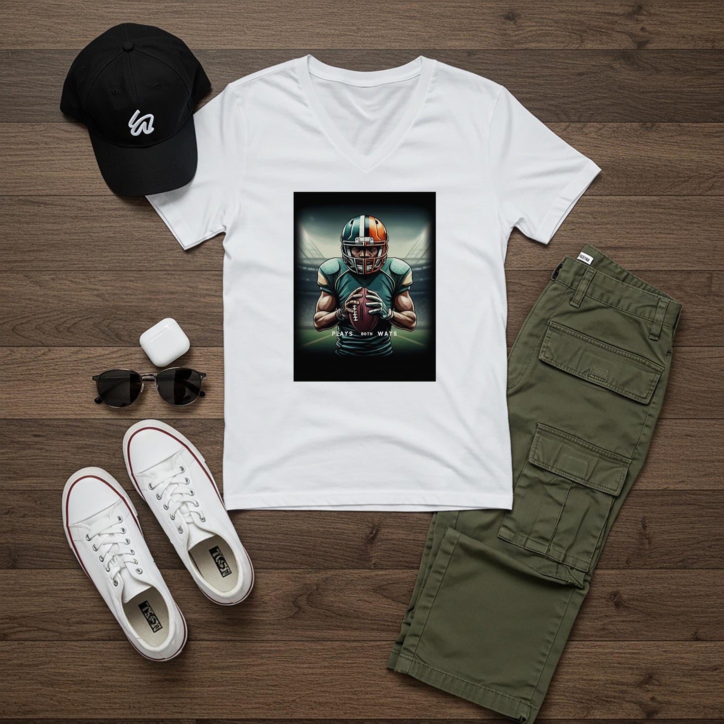 American Football Player V-Neck Tee | Game Day Apparel for Fans | Plays Both Ways Athletic Graphic Shirt | Determined Athlete Gift