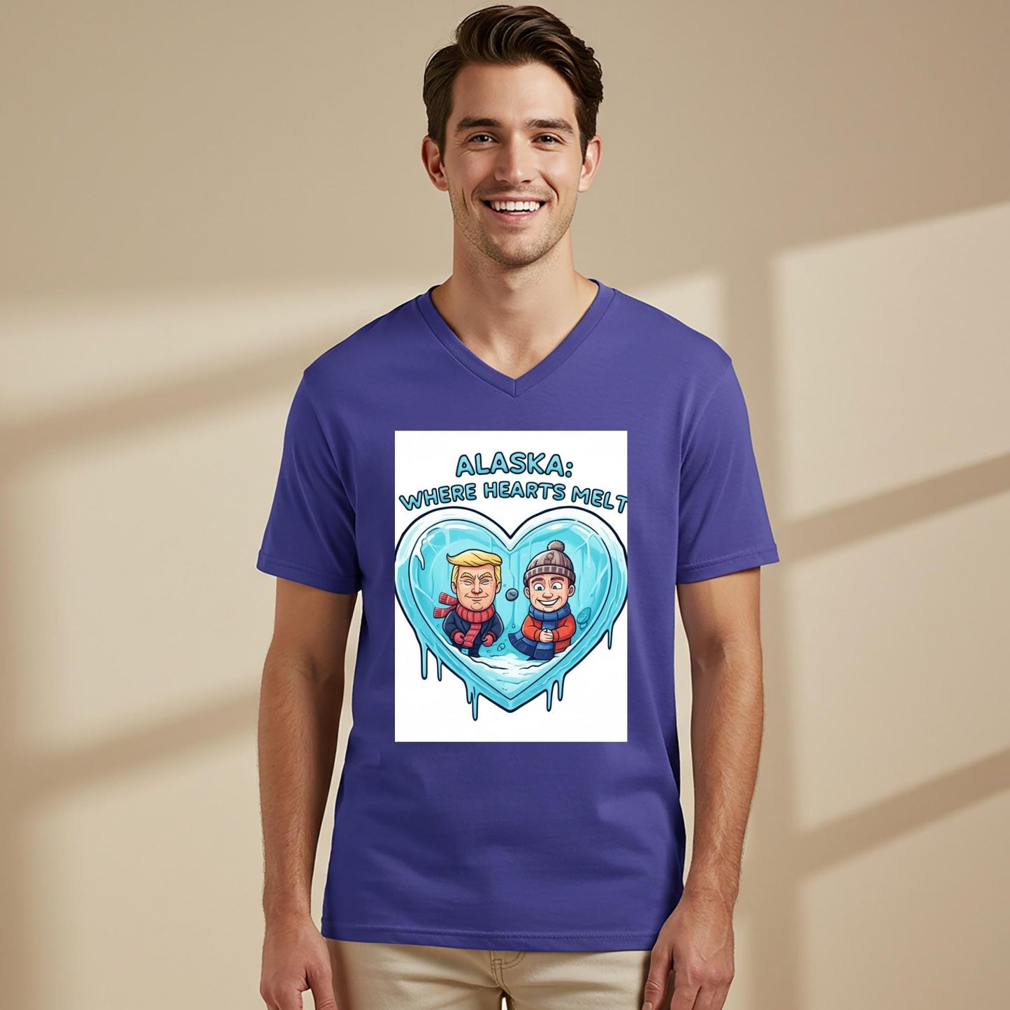 Unisex V-Neck Tee with Humorous Alaska Melting Heart Design | Political Satire Trump Putin Cartoon | Funny US Russia Relations Gift