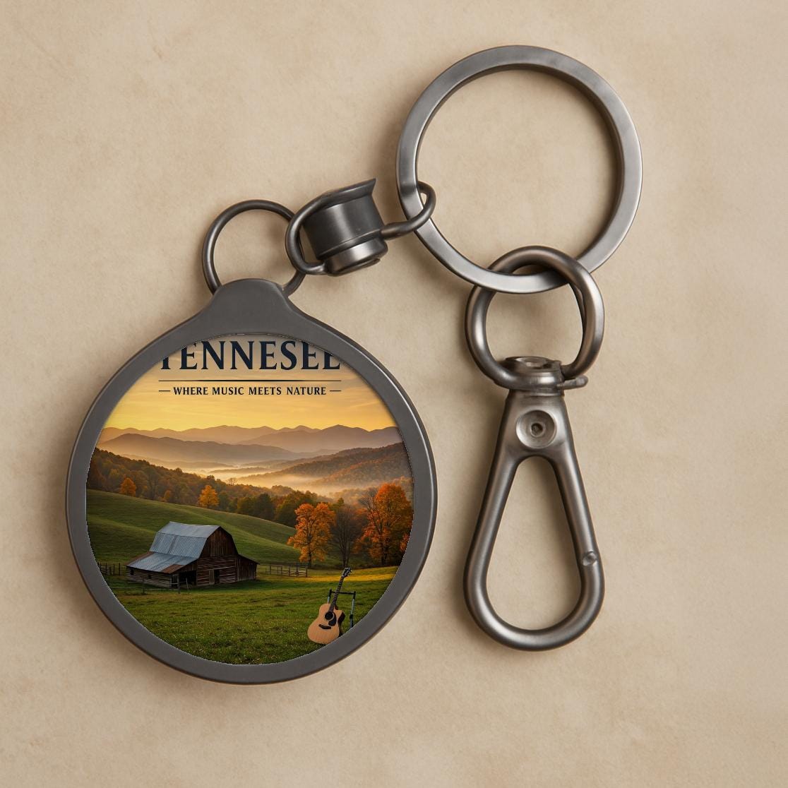 Tennessee Music Nature Keyring | Appalachian Landscape Keychain | Country Music Heritage Souvenir | Rustic Barn Guitar Art Print Tag