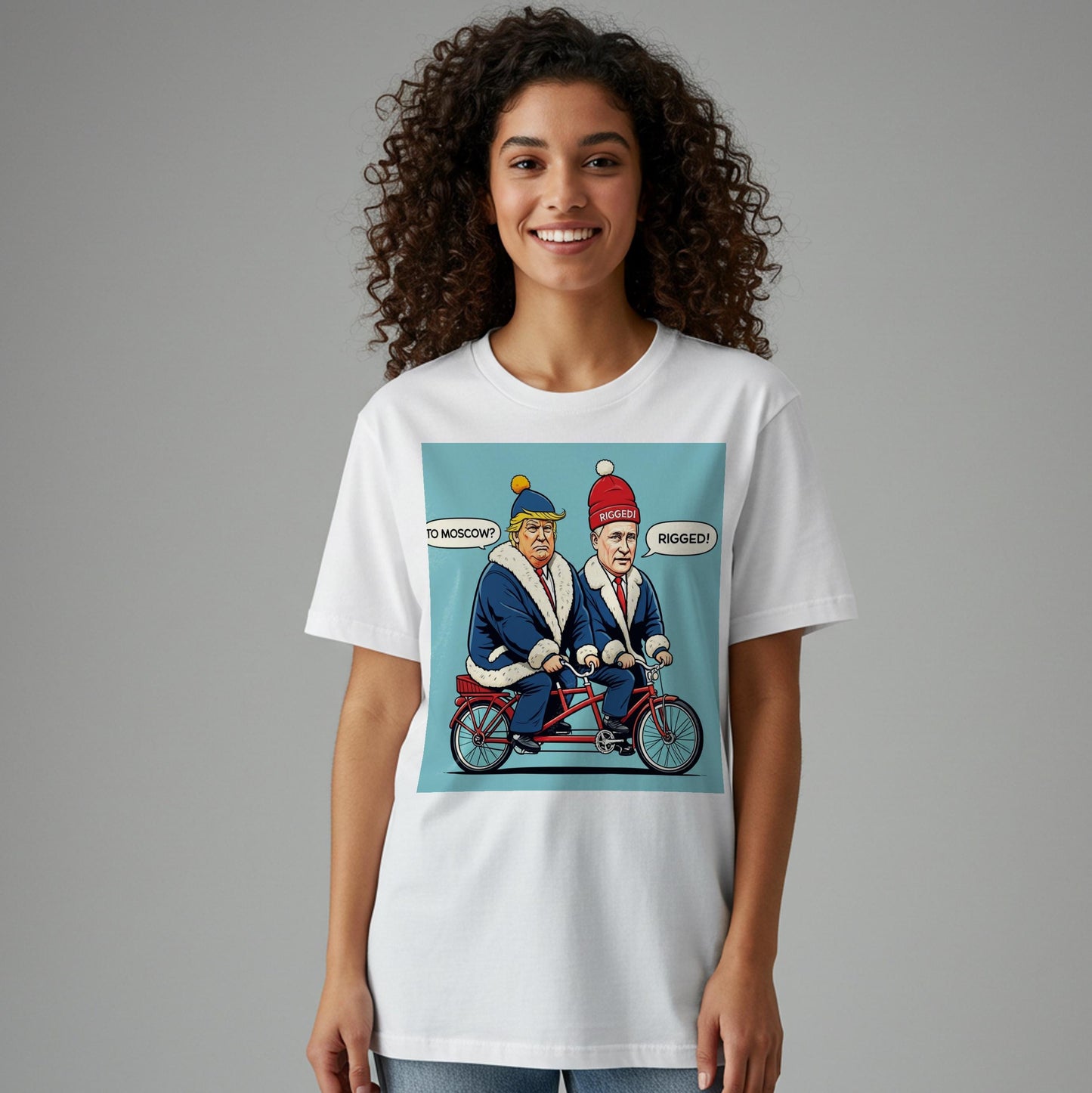 Unisex Garment-Dyed T-shirt with Funny Trump Putin Tandem Bike Political Satire Art. Current Events Humor Tee, Ironic Statement Shirt.