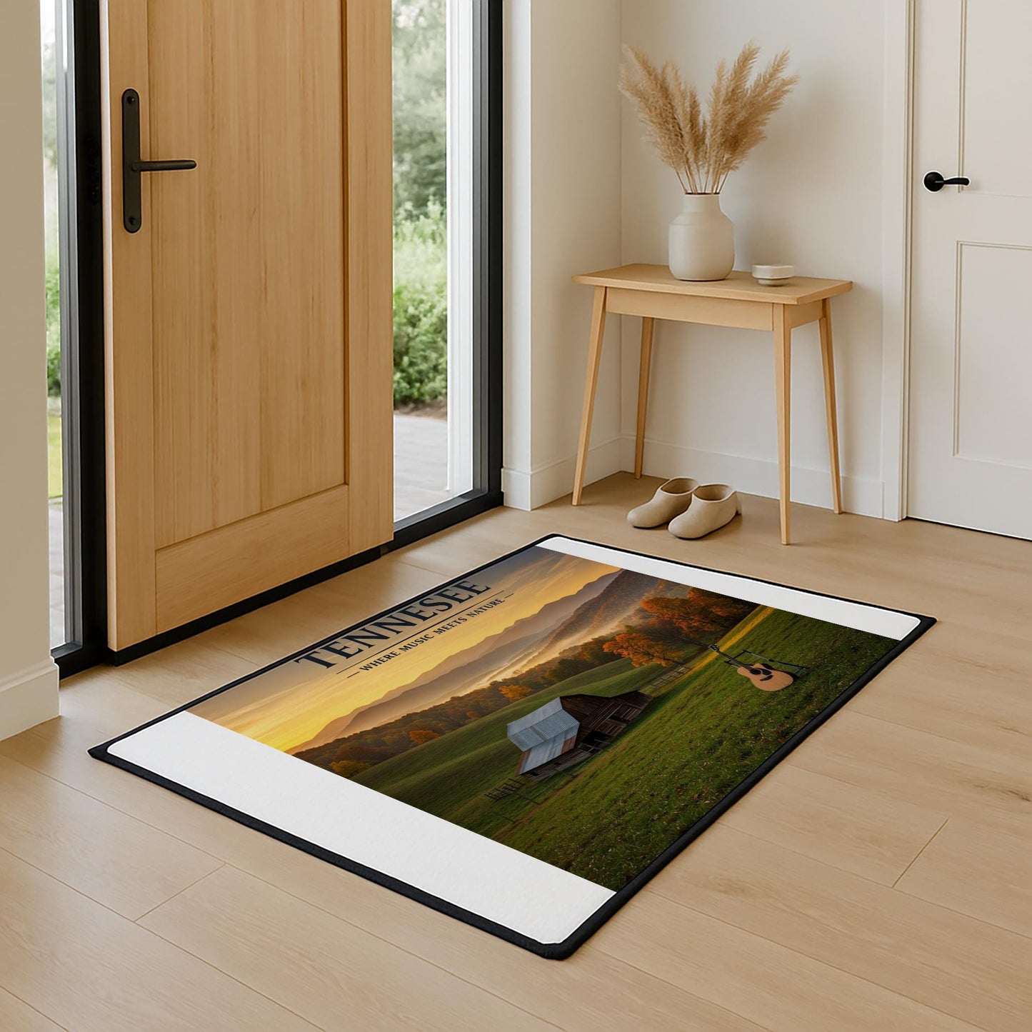Tennessee Music Meets Nature Floor Mat | Rustic Mountain Landscape Rug | Acoustic Guitar Welcome Mat | Farmhouse Entryway Decor Gift