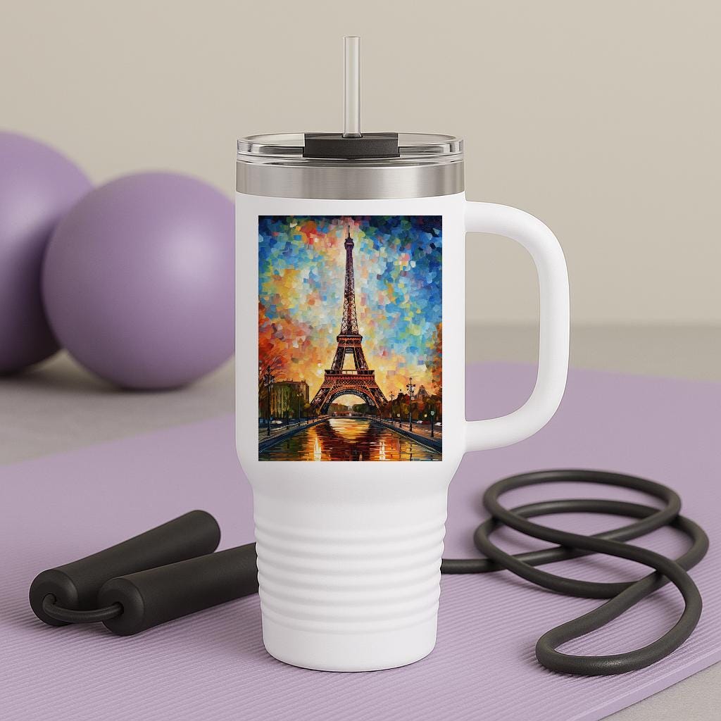 Vibrant Eiffel Tower Travel Mug 40oz | Impressionist Autumn Paris Insulated Tumbler | Artistic Cityscape Drinkware | Wanderlust Gift