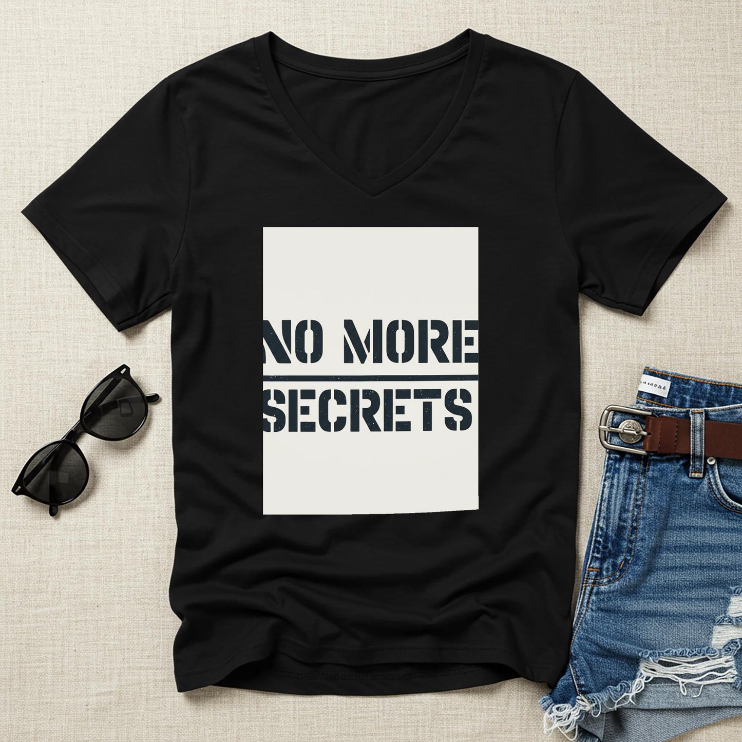 No More Secrets V-Neck Tee | Truth Transparency Honesty Shirt | Distressed Stencil Font Graphic T-Shirt | Empowering Statement Apparel Gift
