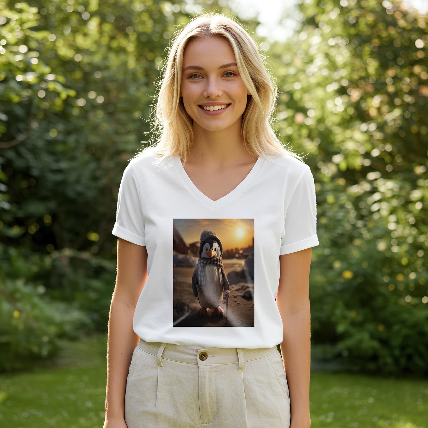 Adorable Winter Penguin V-Neck Tee | Whimsical Animal Graphic T-Shirt | Cozy Unisex Apparel Gift for Penguin Lovers & Holiday Cheer
