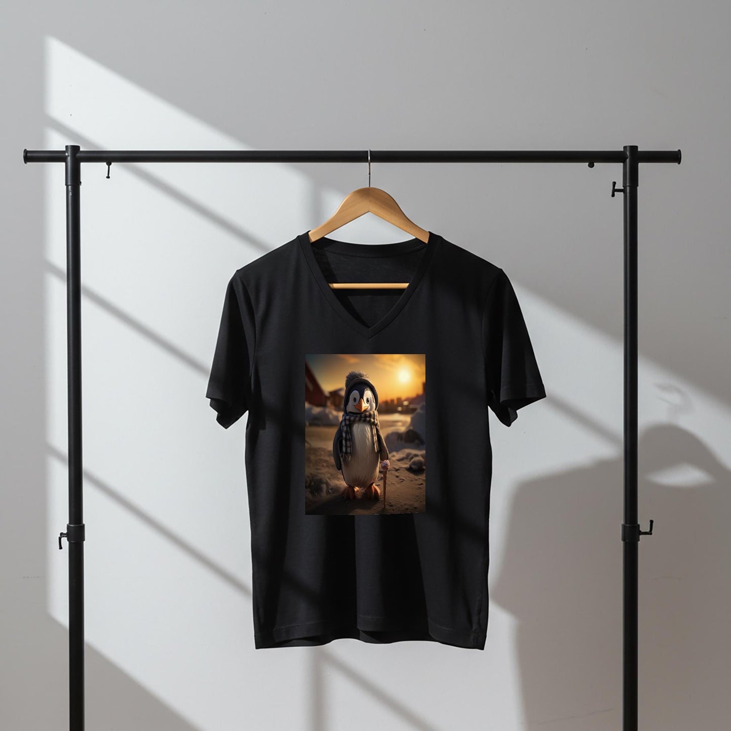 Adorable Winter Penguin V-Neck Tee | Whimsical Animal Graphic T-Shirt | Cozy Unisex Apparel Gift for Penguin Lovers & Holiday Cheer