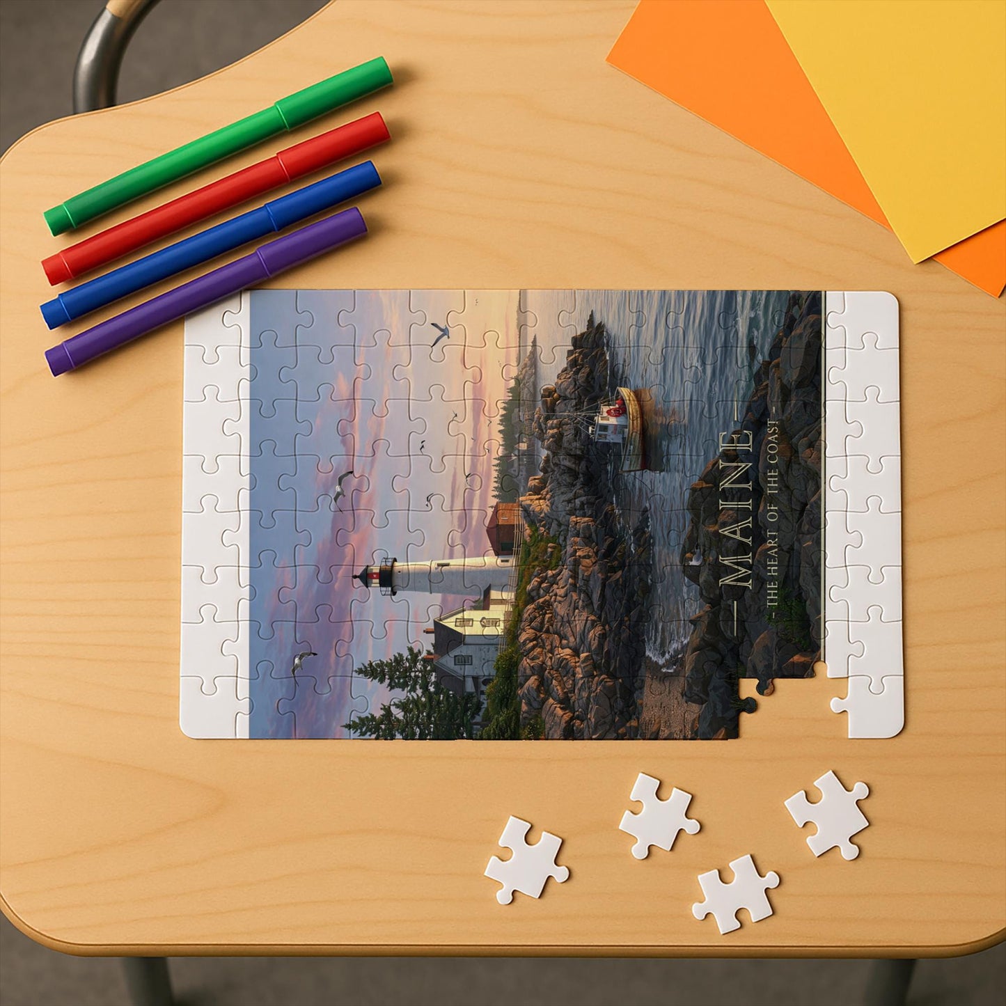 Maine Coastal Jigsaw Puzzle | Lighthouse Seascape Art | New England Charm Adult & Family Activity | Serene Ocean Scene Home Decor Gift