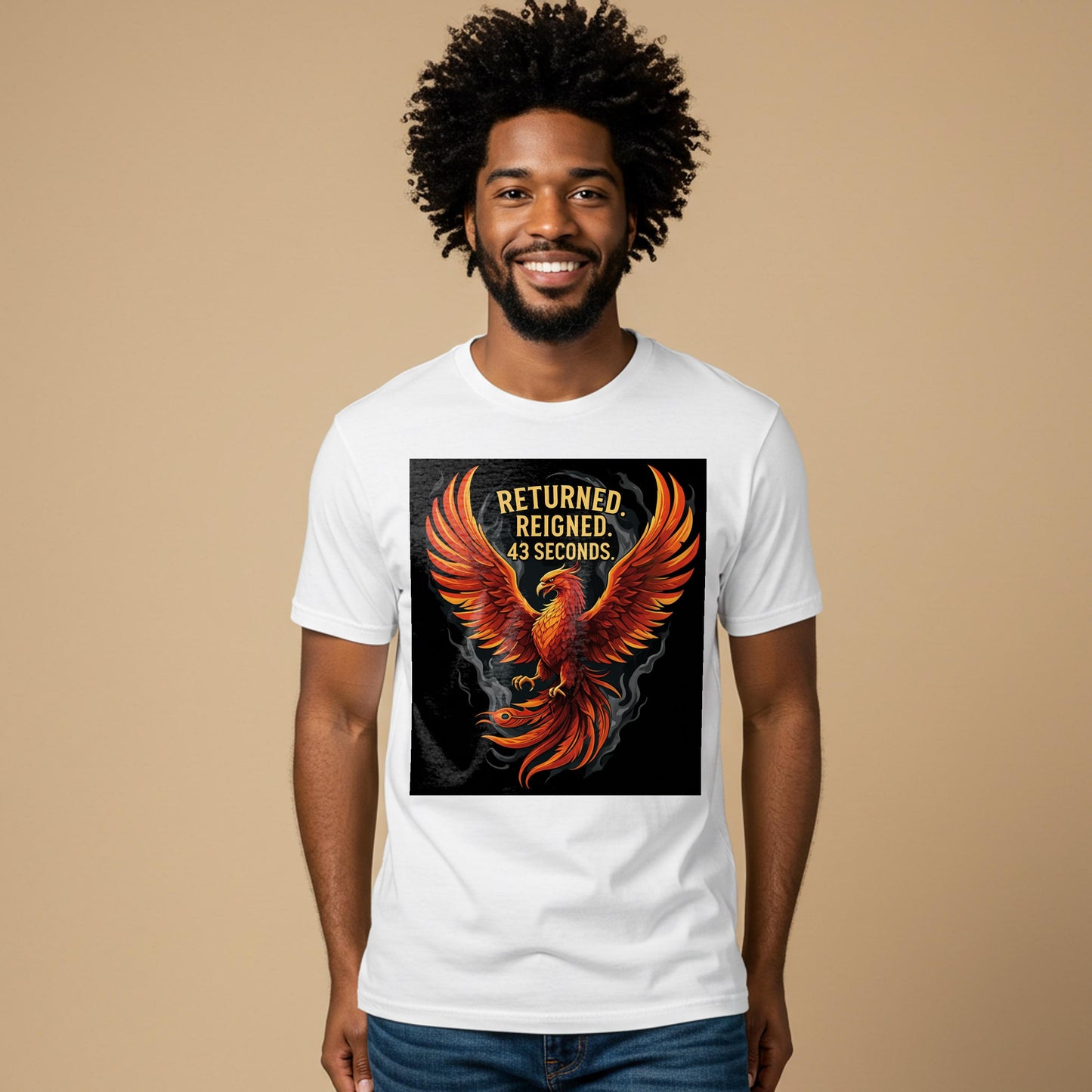 Unisex Garment-Dyed Phoenix T-Shirt with Ironic 'Returned. Reigned. 43 Seconds.' Humor | Mythical Creature Fantasy Art Apparel Gift