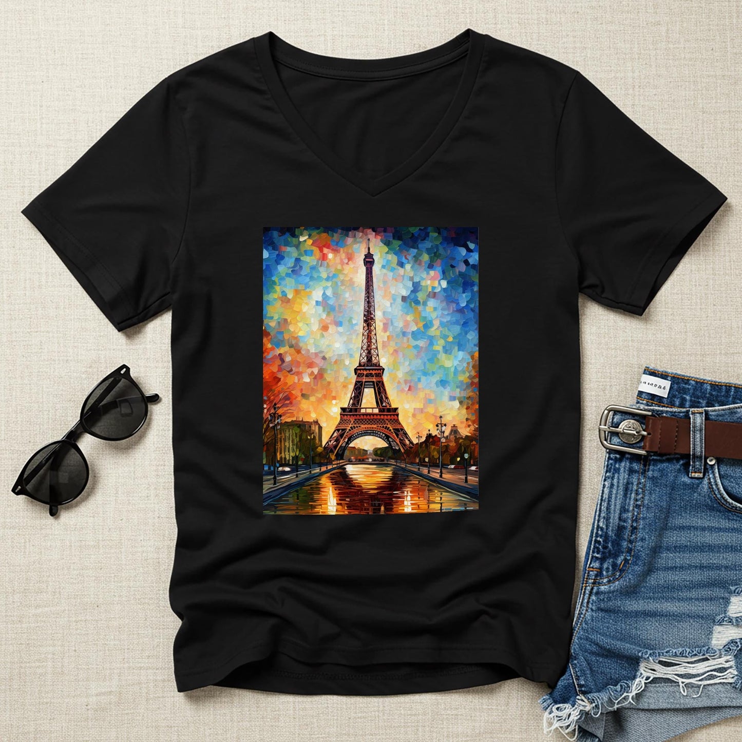 Vibrant Eiffel Tower V-Neck Tee | Impressionist Paris Art Shirt | Autumn Cityscape Graphic | Romantic Travel Apparel | Artistic Unisex Top