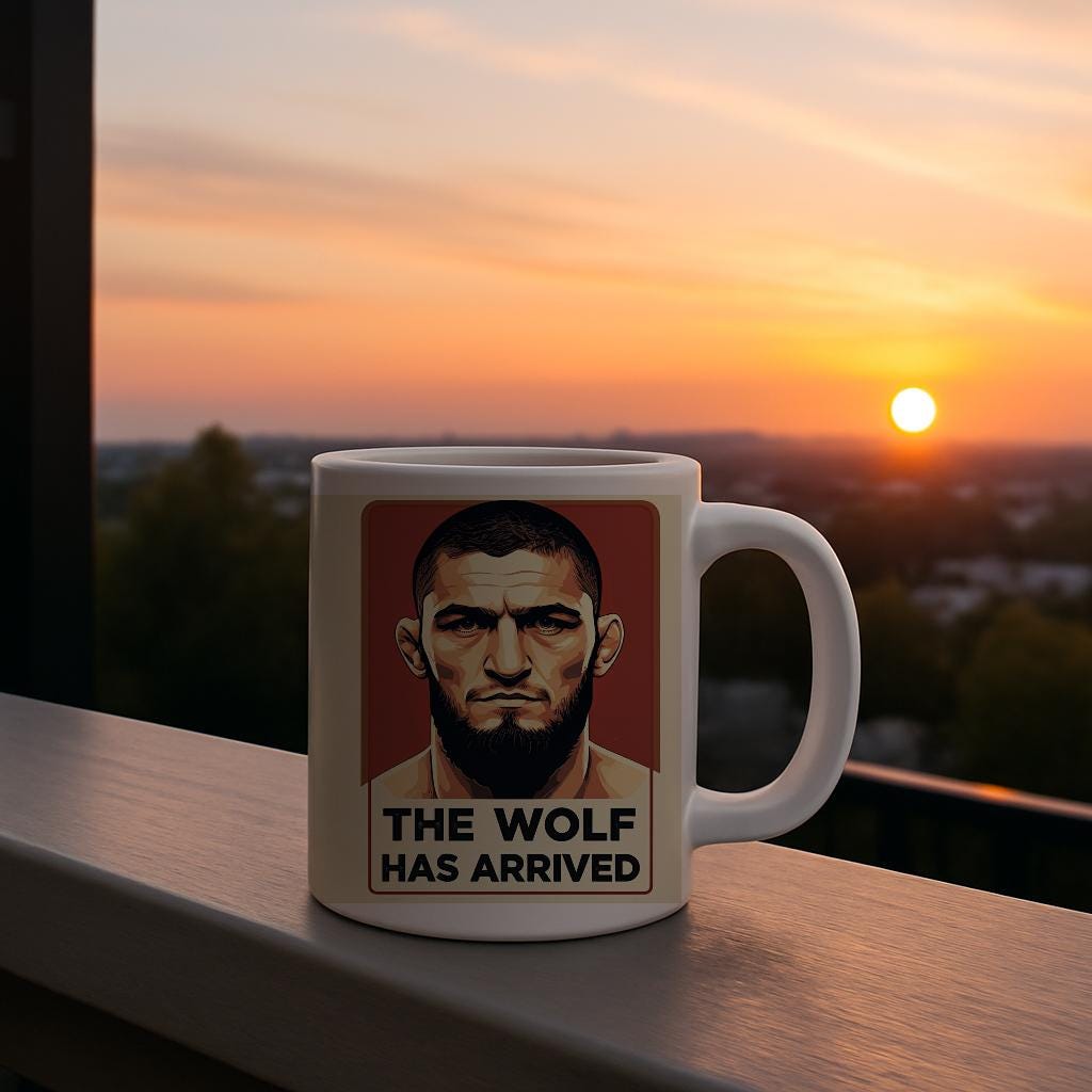 Khamzat Chimaev Borz The Wolf Has Arrived MMA UFC Fighter Fan Mug Vintage Propaganda Poster Art Style Graphic Coffee Cup Gift Idea
