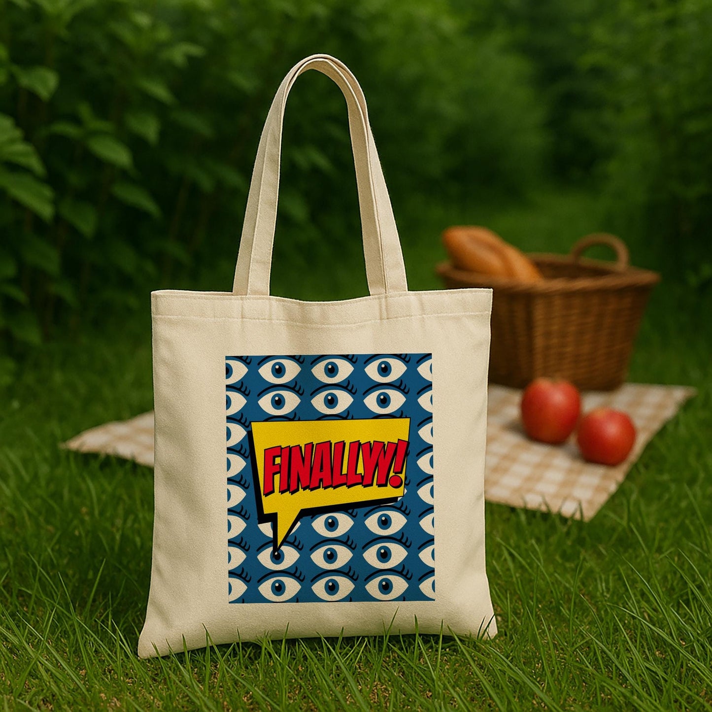 Pop Art FINALLY Tote Bag | Cotton Canvas Shoulder Bag with Stylized Eye Design | Comic Book Style Statement Accessory | Unique Gift Idea
