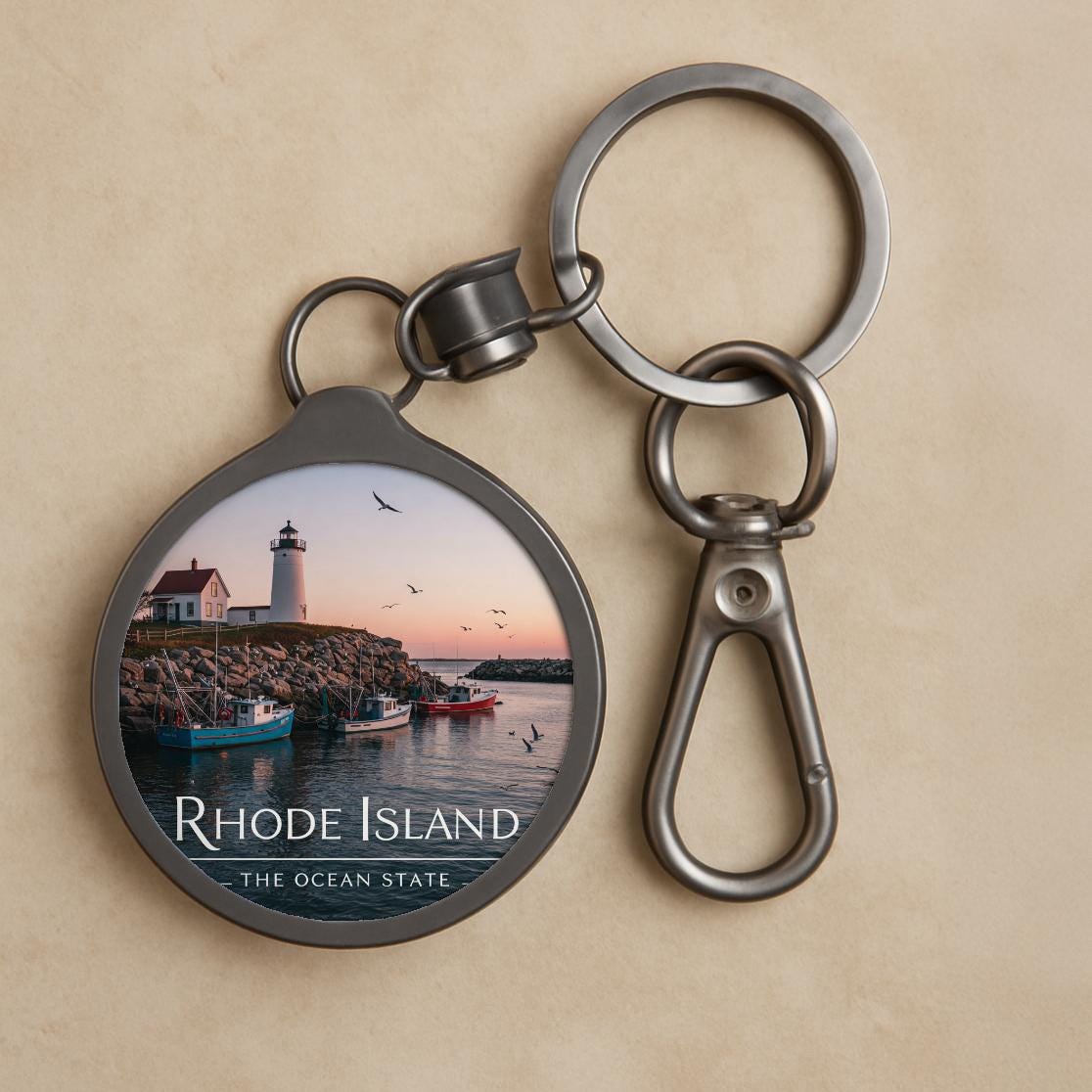 Rhode Island Keyring Tag | Ocean State Lighthouse Keychain | Coastal Nautical Fishing Boat Sunset Ocean New England Souvenir Gift Durable