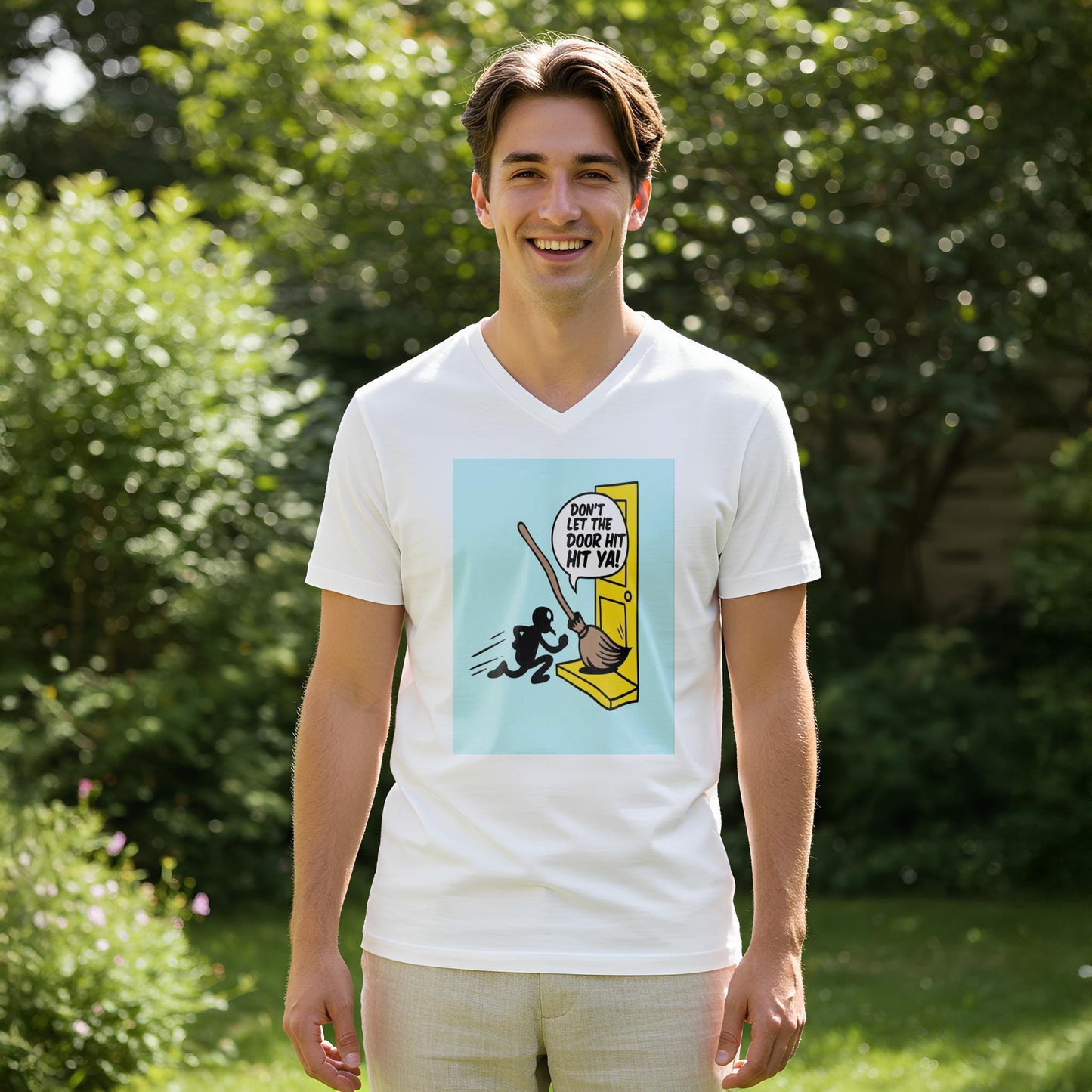 Unisex V-Neck Tee with Funny Broomstick Humor Design | Sarcastic Don't Let The Door Hit Ya Graphic T-Shirt | Witty Farewell Joke Gift Idea