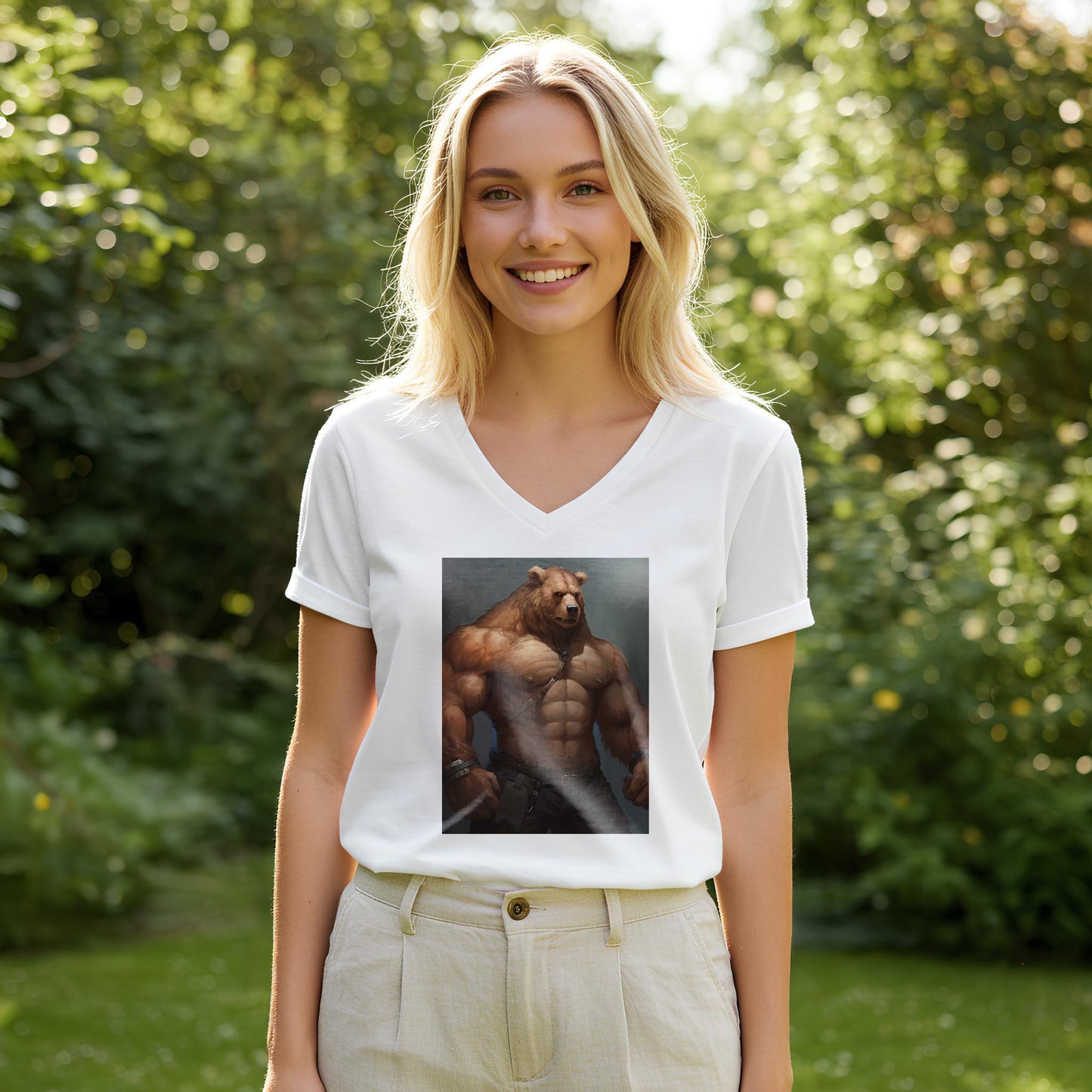 Muscular Anthropomorphic Bear V-Neck Tee | Fantasy Art Graphic Shirt | Power Symbol Apparel | Rugged Style Unisex Top for Bear Community