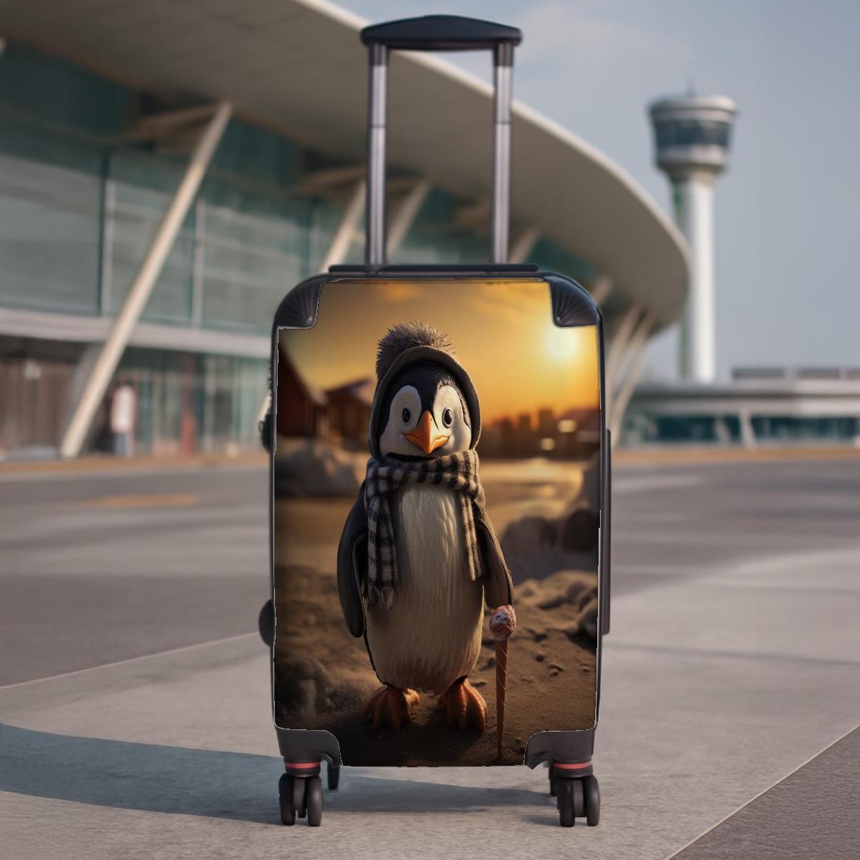 Cute Penguin Suitcase with Ice Cream Cone Art | Whimsical Arctic Animal Luggage for Kids & Family Travel | Unique Winter Adventure Bag