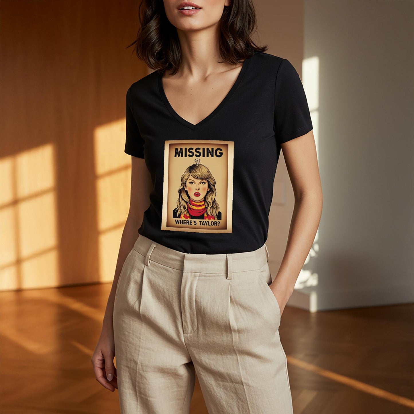Taylor Swift V-Neck Tee | Swiftie T-Shirt | Missing Taylor Shirt | Pop Art Vintage Poster Design | Celebrity Fan Apparel | Music Lover Gift