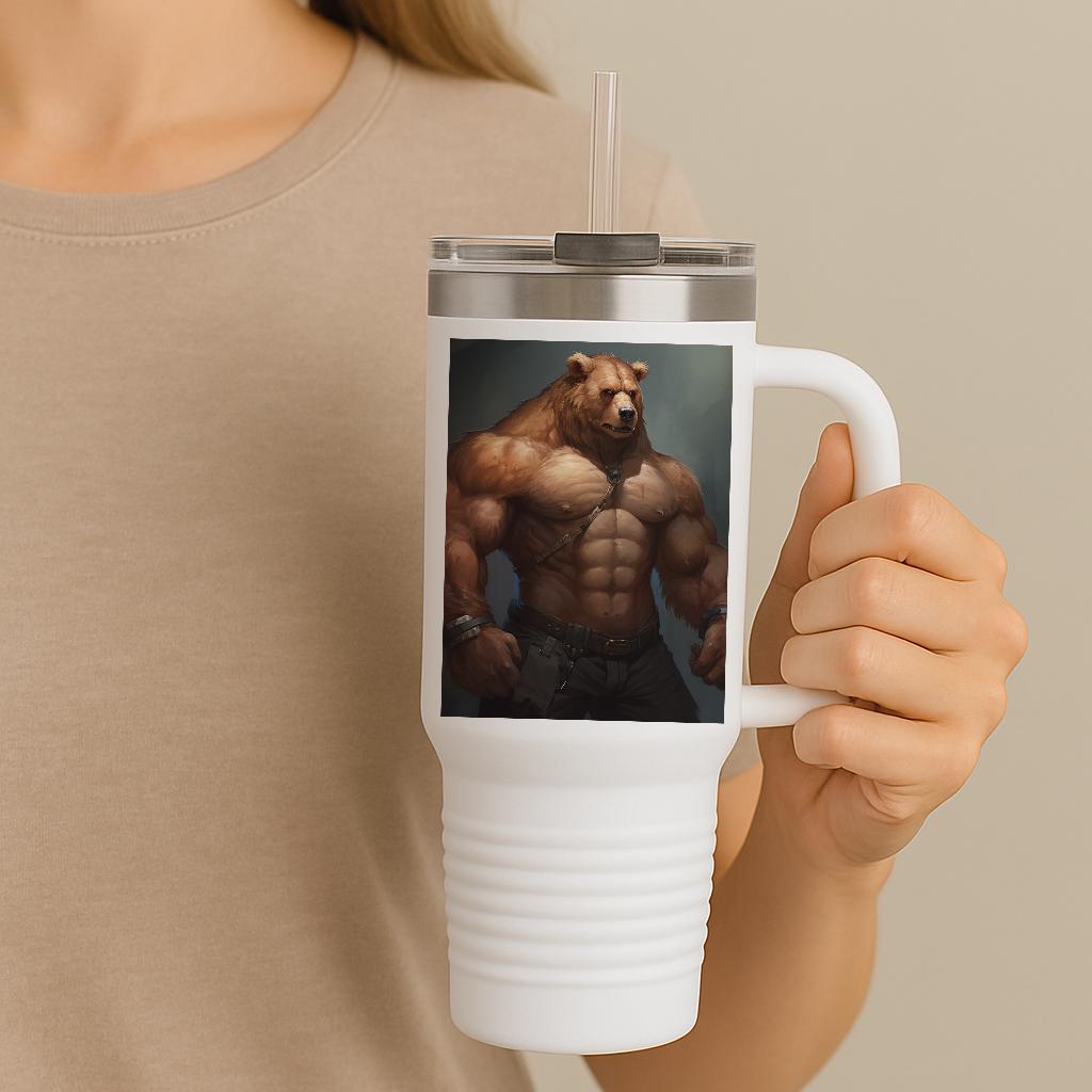 Mighty Bear Insulated Travel Mug 40oz | Muscular Fantasy Bear Art Tumbler | Rugged Wilderness Design | Powerful Animal Gift for Men