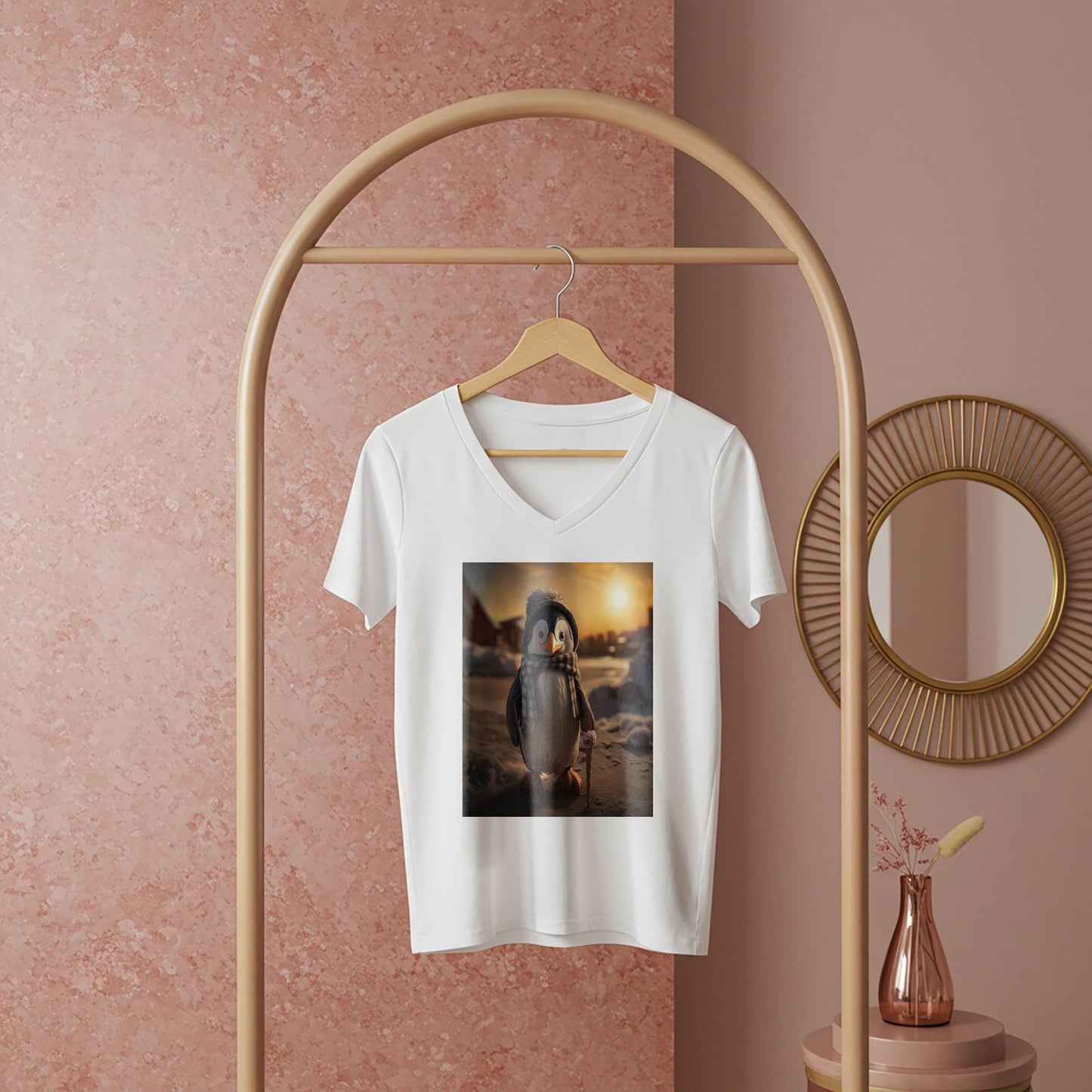 Adorable Winter Penguin V-Neck Tee | Whimsical Animal Graphic T-Shirt | Cozy Unisex Apparel Gift for Penguin Lovers & Holiday Cheer