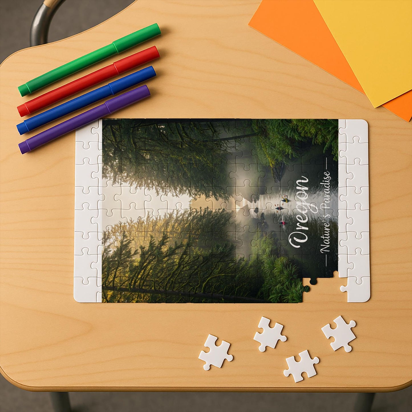 Oregon Nature's Paradise Puzzle | Misty Forest River Kayaking Landscape Art | Pacific Northwest Adventure Gift for Nature Lovers & Adults