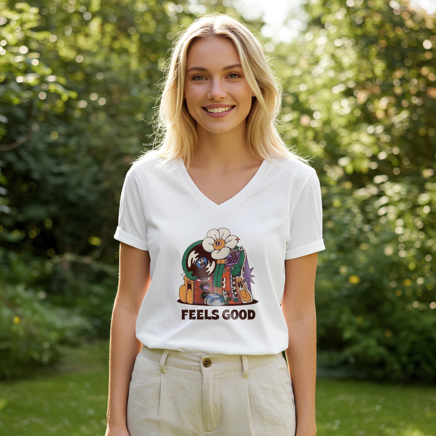 Groovy Vibe Unisex V-Neck Tee | Retro Psychedelic Cartoon Shirt | Feels Good Music Lover Apparel | Trending Design | Modern Home Decor