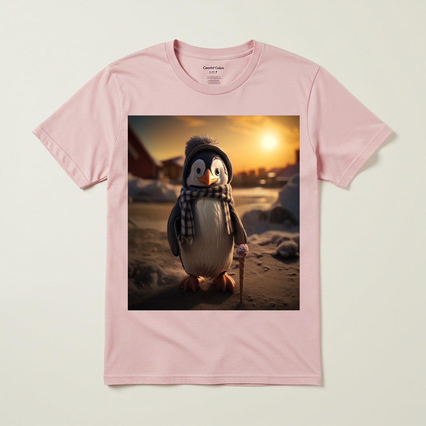 Cozy Penguin Garment-Dyed T-shirt | Whimsical Winter Animal Graphic Tee | Cute Ice Cream Penguin Shirt | Unique Sunset Design Gift Idea