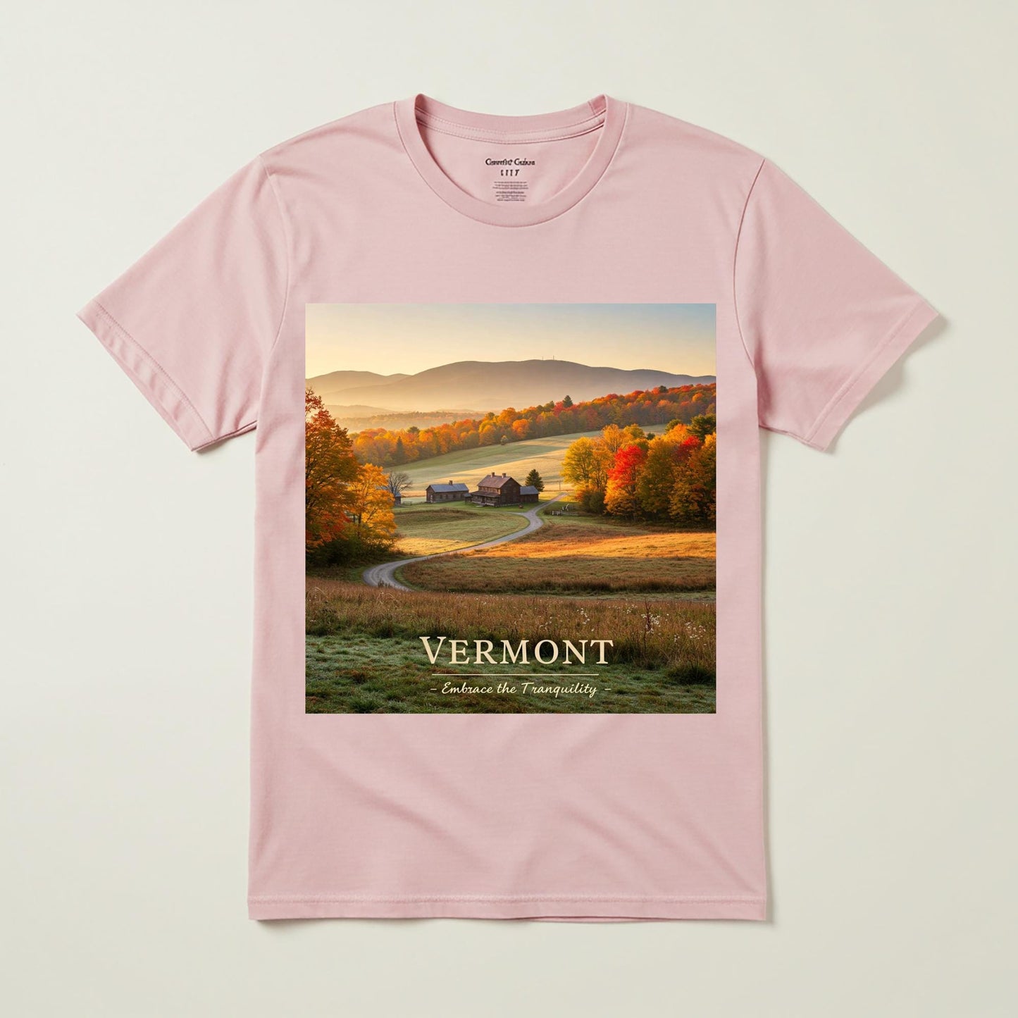 Vermont Autumn Landscape T-Shirt | Fall Foliage New England Scenery Tee | Tranquil Rustic Charm Garment Dyed Shirt for Nature Lovers