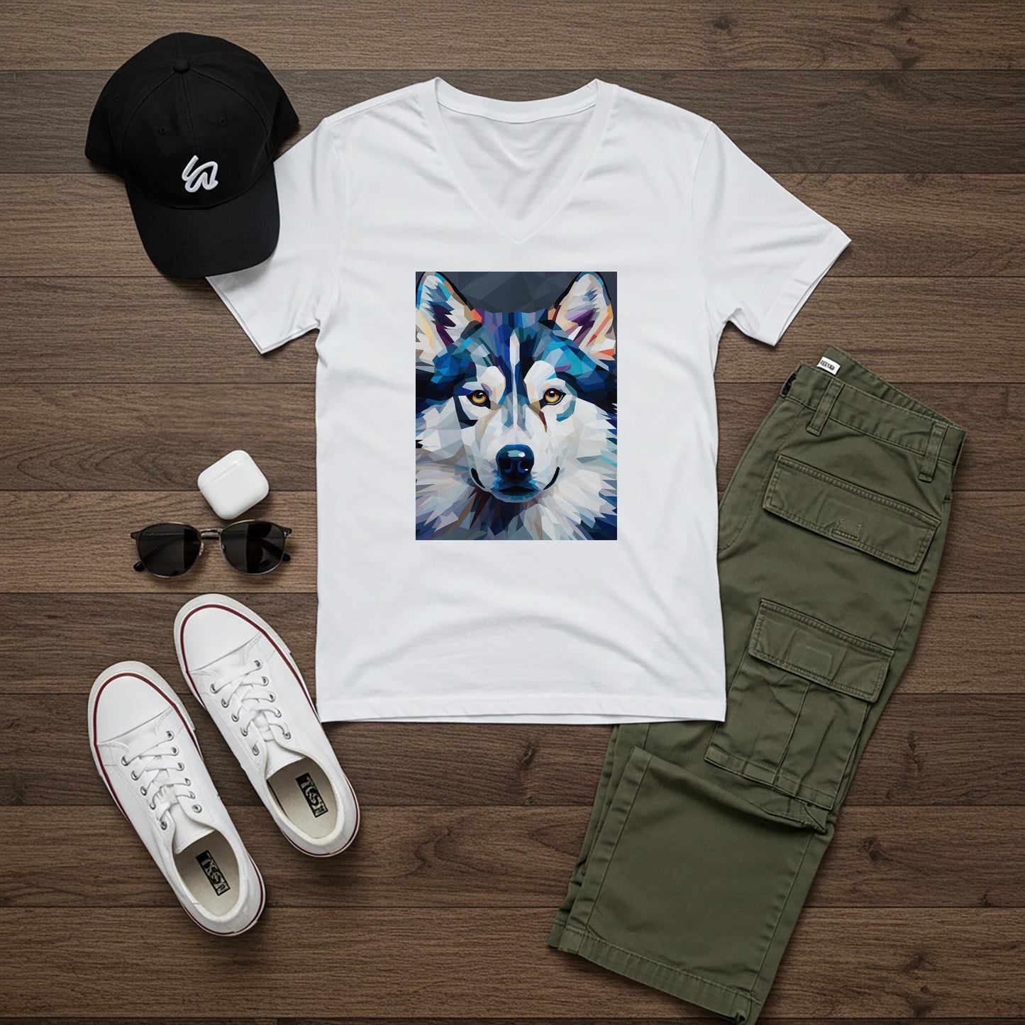 Unisex V-Neck Tee with Geometric Wolf Art | Modern Spirit Animal Shirt | Abstract Wildlife Design | Cool Blue & White Expressive Top
