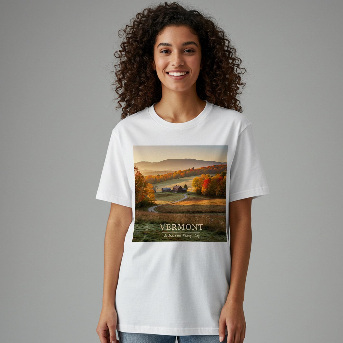 Vermont Autumn Landscape T-Shirt | Fall Foliage New England Scenery Tee | Tranquil Rustic Charm Garment Dyed Shirt for Nature Lovers