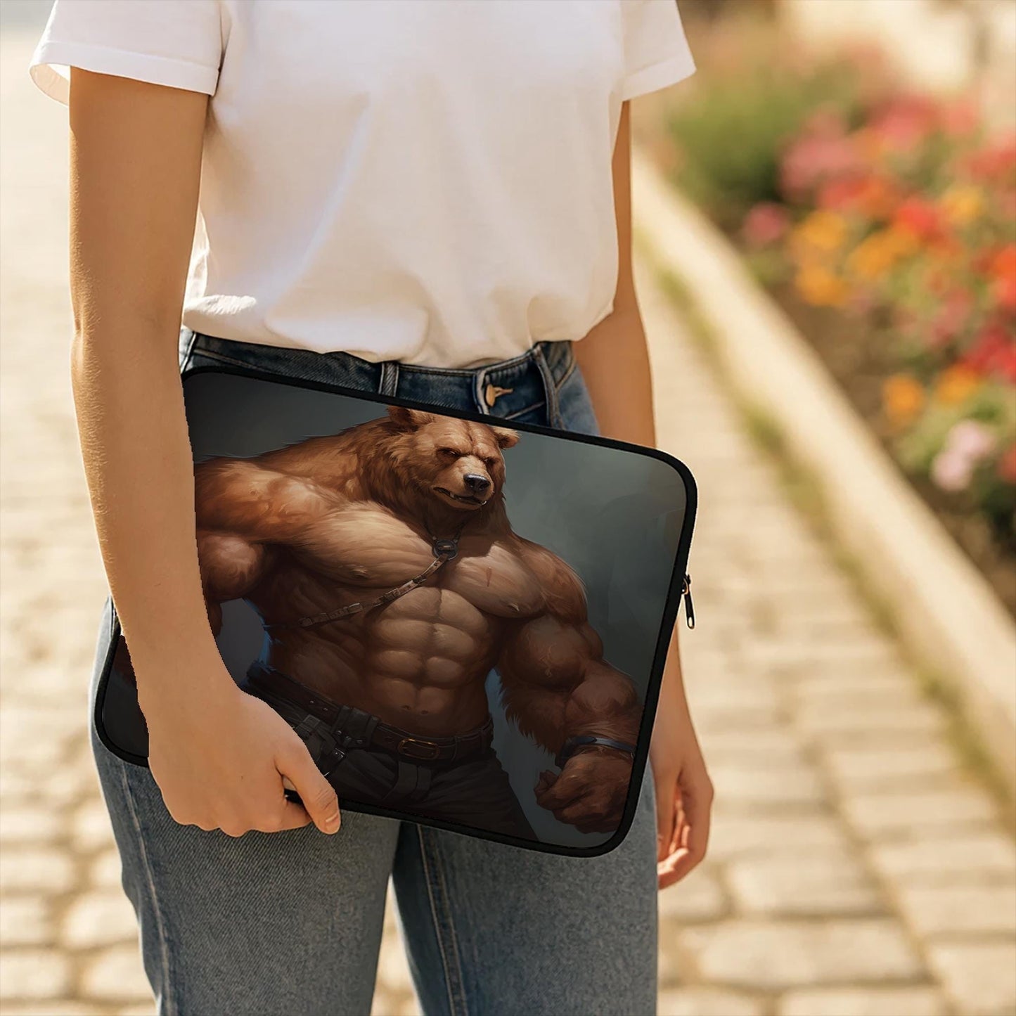 Mighty Muscular Bear Laptop Sleeve | Anthropomorphic Fantasy Art Computer Cover | Gamer Tech Accessory Gift for Him & Her, Protective