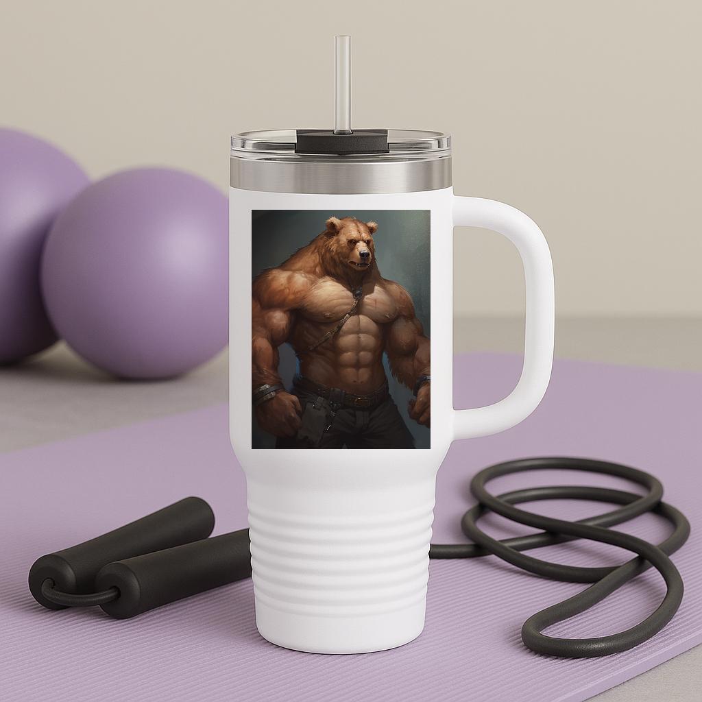 Mighty Bear Insulated Travel Mug 40oz | Muscular Fantasy Bear Art Tumbler | Rugged Wilderness Design | Powerful Animal Gift for Men