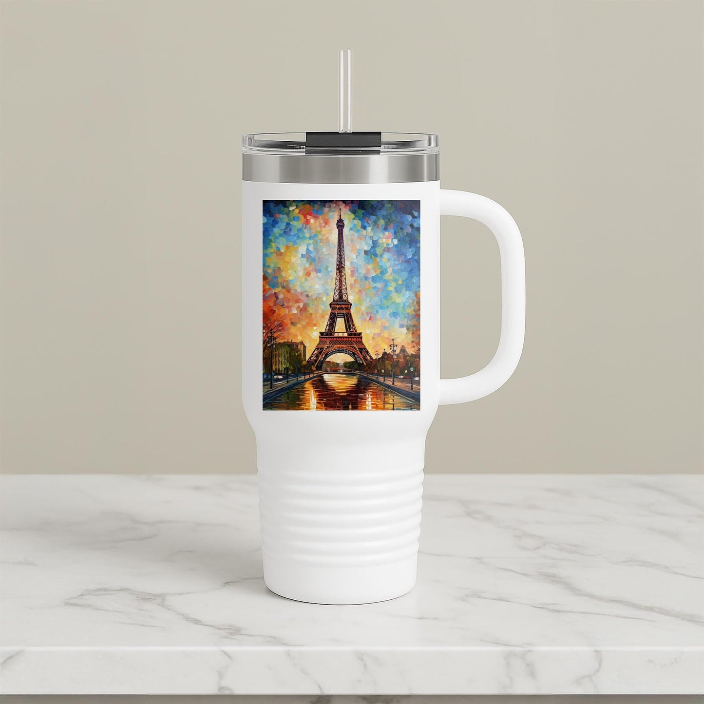 Vibrant Eiffel Tower Travel Mug 40oz | Impressionist Autumn Paris Insulated Tumbler | Artistic Cityscape Drinkware | Wanderlust Gift