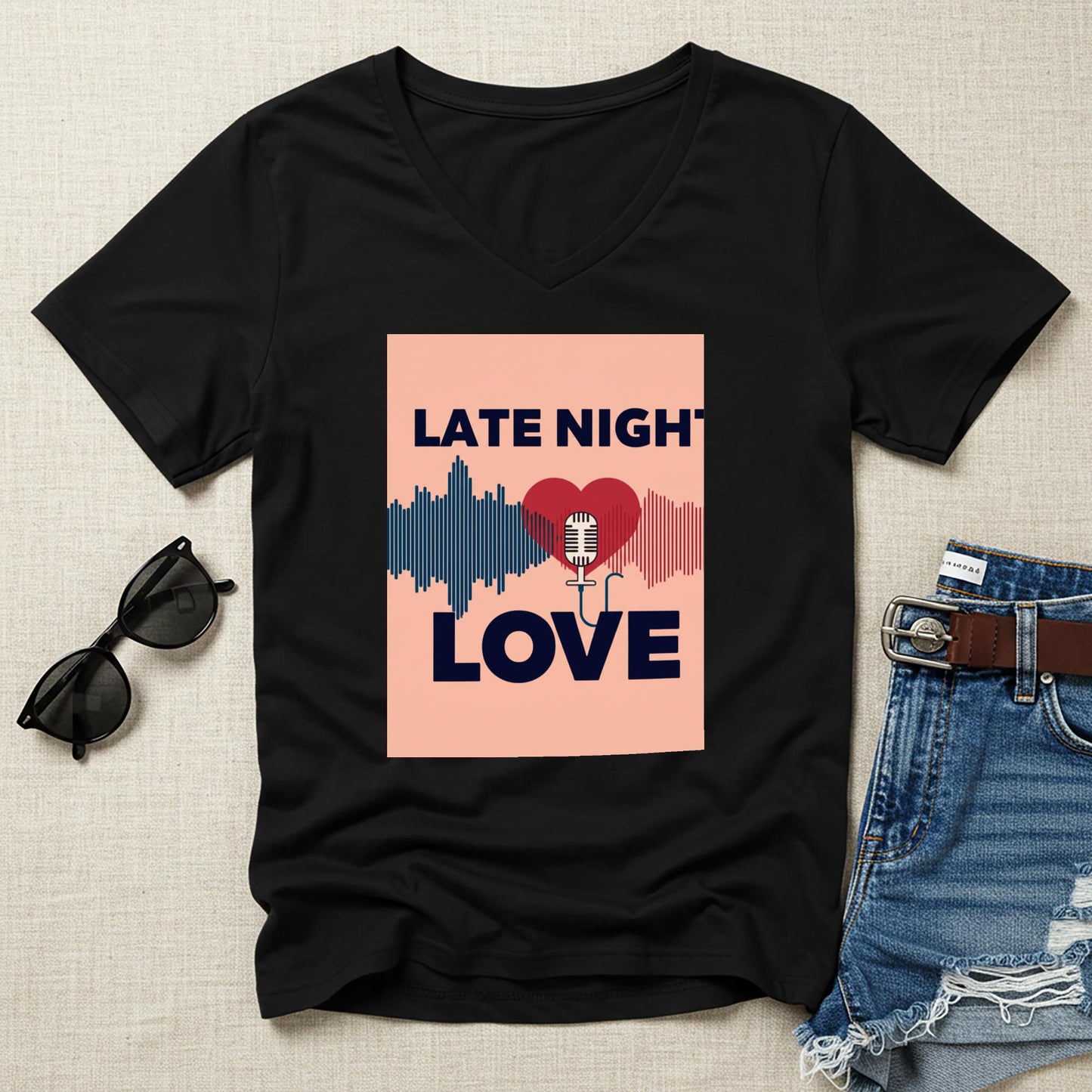 Late Night Love V-Neck Tee | Romantic Podcast Lover Shirt | Vintage Microphone Heart Sound Wave Design | Music Lover Gift for Him Her