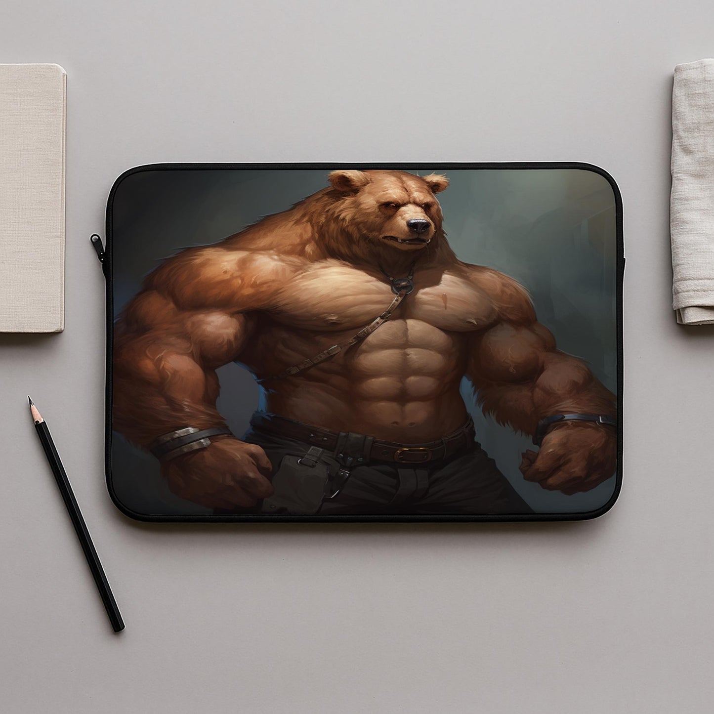 Mighty Muscular Bear Laptop Sleeve | Anthropomorphic Fantasy Art Computer Cover | Gamer Tech Accessory Gift for Him & Her, Protective