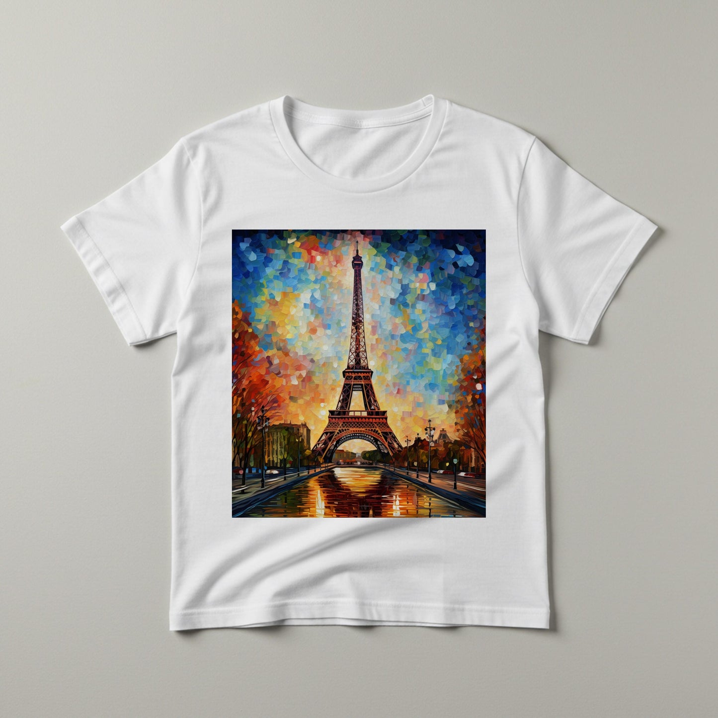 Vibrant Eiffel Tower Impressionist T-Shirt | Garment-Dyed Paris Art Tee | Unisex Autumn Sunset Design | Wanderlust Travel Gift for Her Him