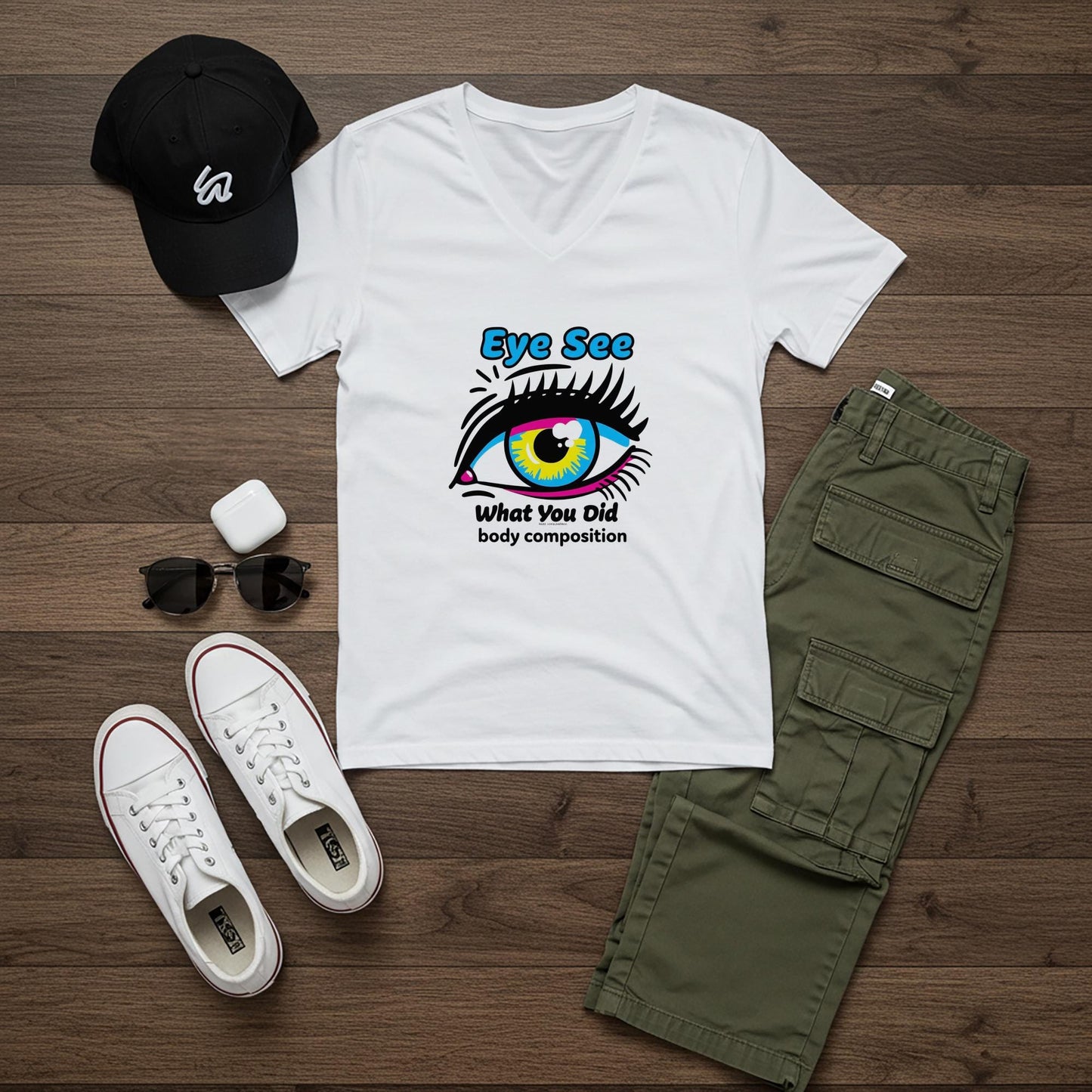 Unisex V-Neck Tee with Bold Pop Art Eye Design | CMYK Vibrant Graphic T-Shirt | Humorous Statement Apparel | Quirky Streetwear Gift Idea