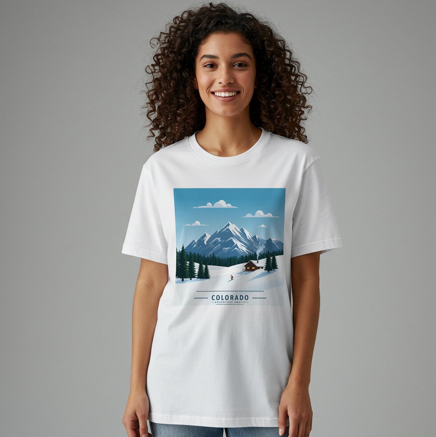 Colorado Adventure Awaits T-Shirt | Retro Skiing Mountain Landscape Tee | Cozy Cabin Winter Scene | Garment Dyed Unisex Apparel Gift