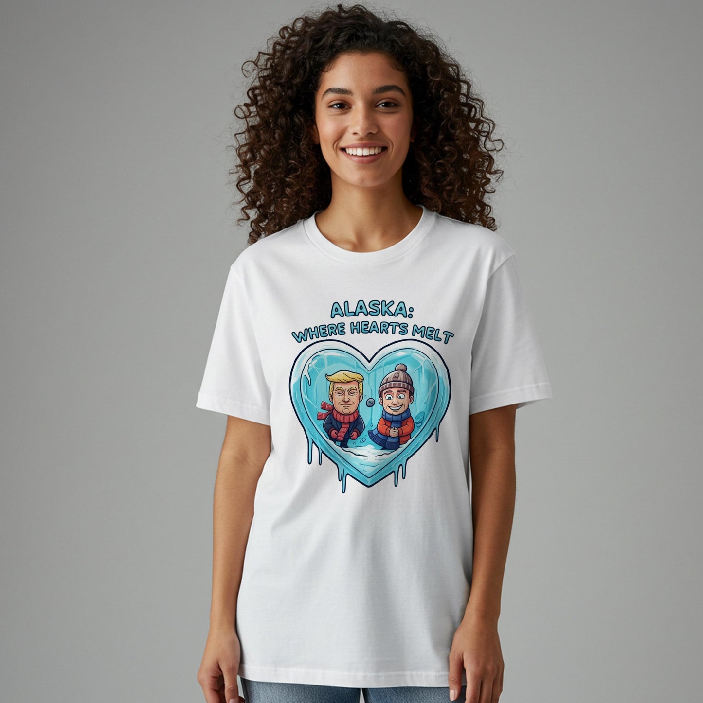 Alaska Political Humor T-Shirt | Funny Trump Biden Caricature Tee | Melting Ice Heart Design | Unisex Garment-Dyed Satire Gift Idea
