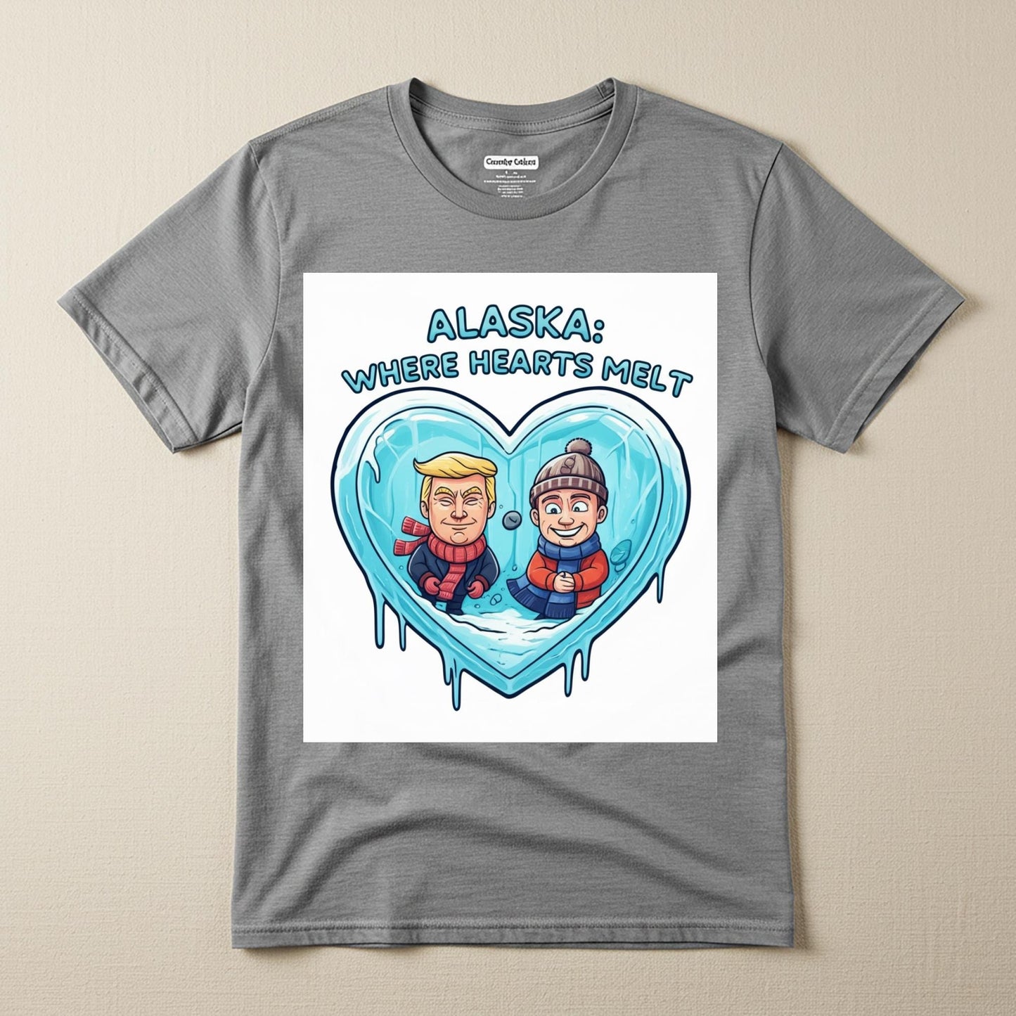 Alaska Political Humor T-Shirt | Funny Trump Biden Caricature Tee | Melting Ice Heart Design | Unisex Garment-Dyed Satire Gift Idea
