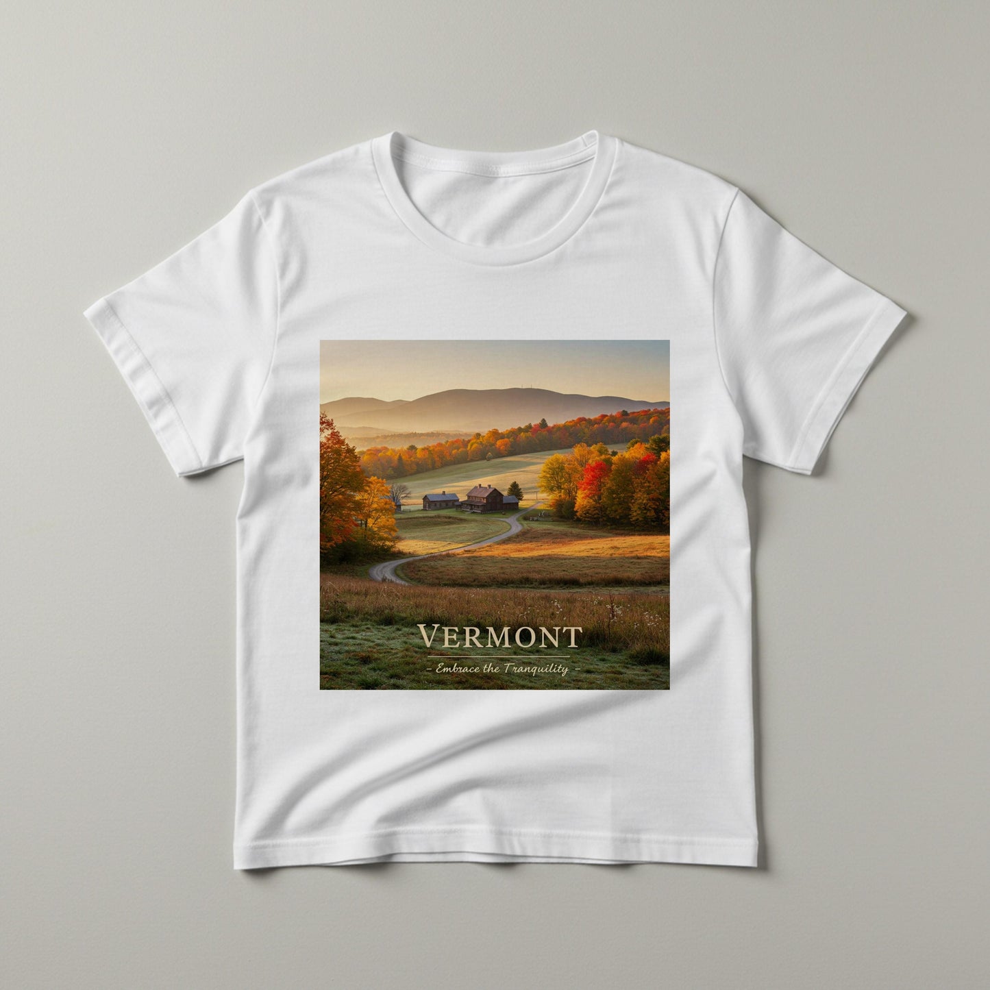 Vermont Autumn Landscape T-Shirt | Fall Foliage New England Scenery Tee | Tranquil Rustic Charm Garment Dyed Shirt for Nature Lovers