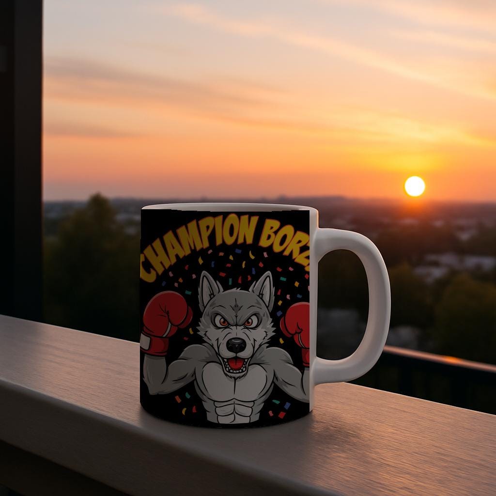 Champion Borz Wolf Boxing Mug | Fierce MMA Fan Coffee Cup | Motivational Fighter Gift | Victory Celebration Drinkware | Strong Animal Art