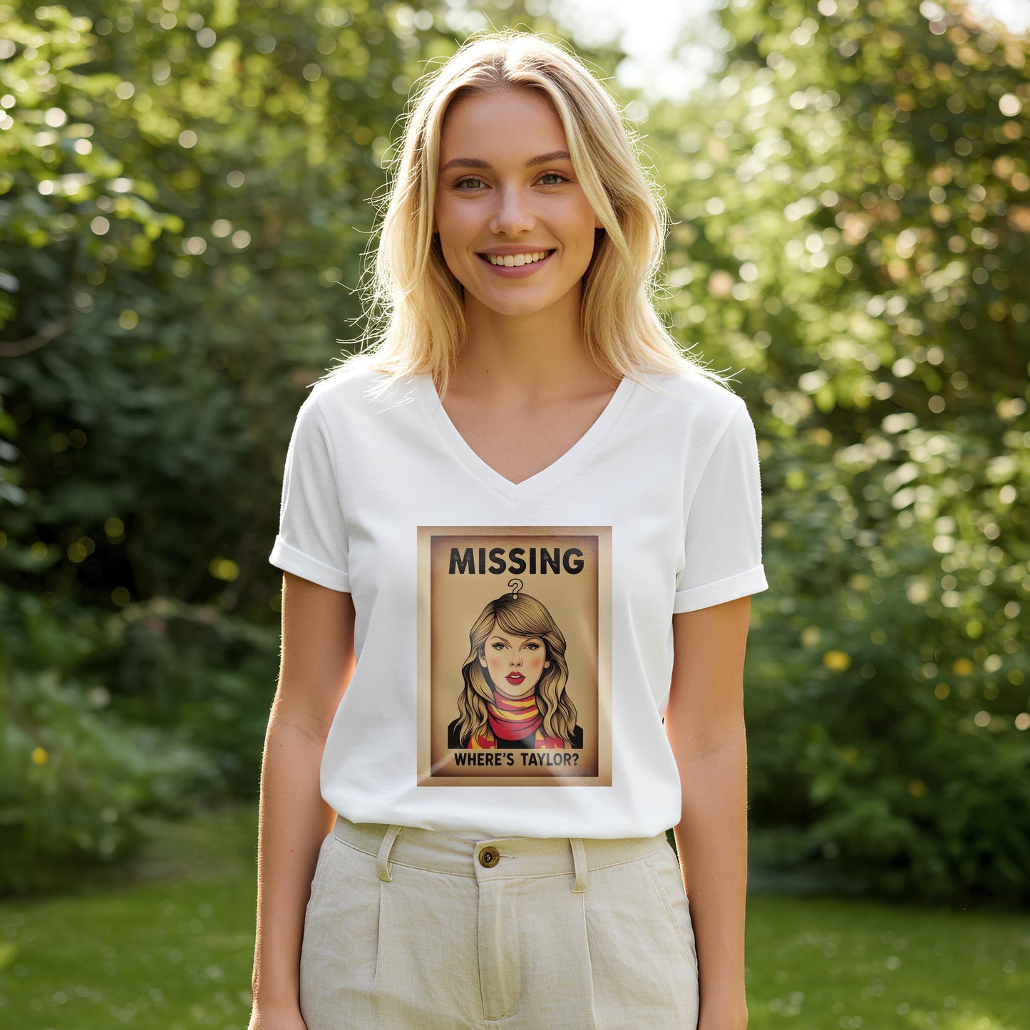 Taylor Swift V-Neck Tee | Swiftie T-Shirt | Missing Taylor Shirt | Pop Art Vintage Poster Design | Celebrity Fan Apparel | Music Lover Gift