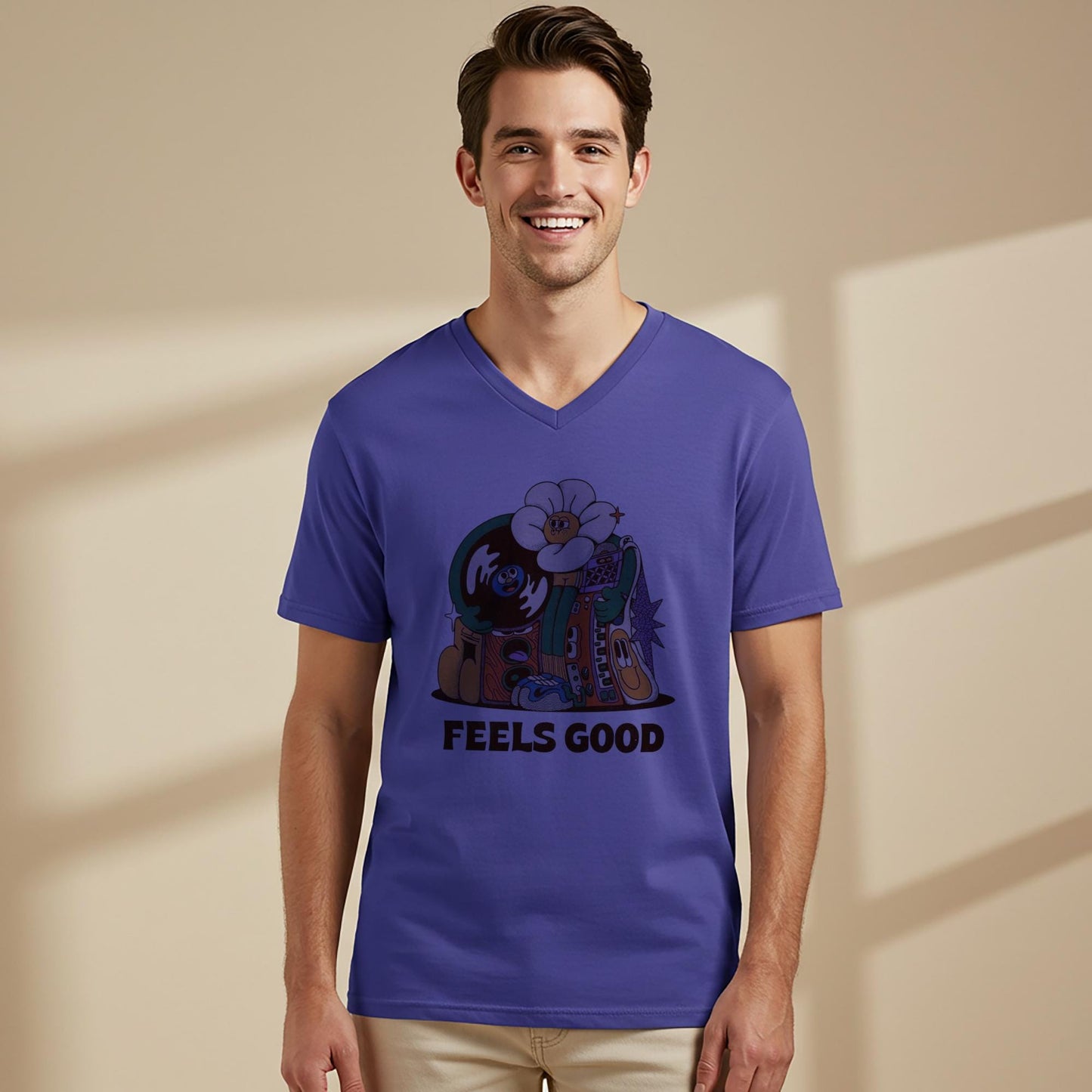 Groovy Vibe Unisex V-Neck Tee | Retro Psychedelic Cartoon Shirt | Feels Good Music Lover Apparel | Trending Design | Modern Home Decor