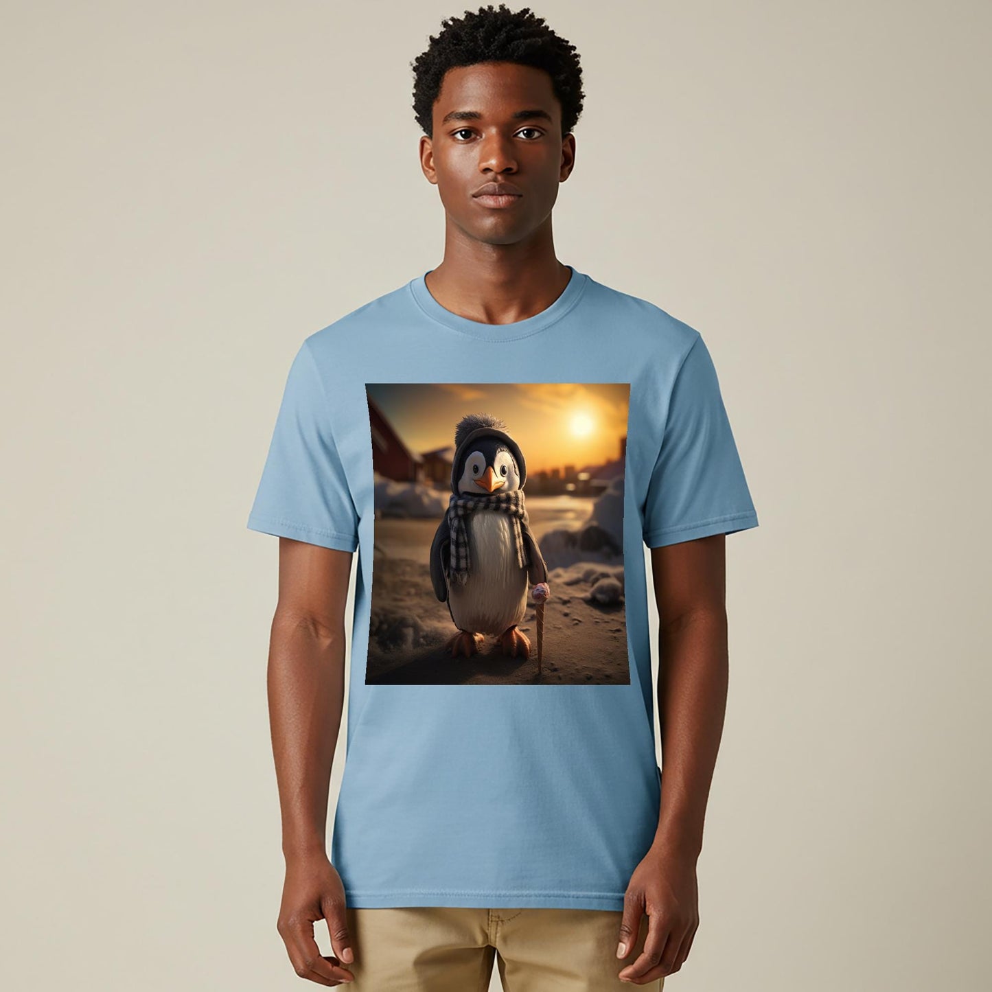 Cozy Penguin Garment-Dyed T-shirt | Whimsical Winter Animal Graphic Tee | Cute Ice Cream Penguin Shirt | Unique Sunset Design Gift Idea