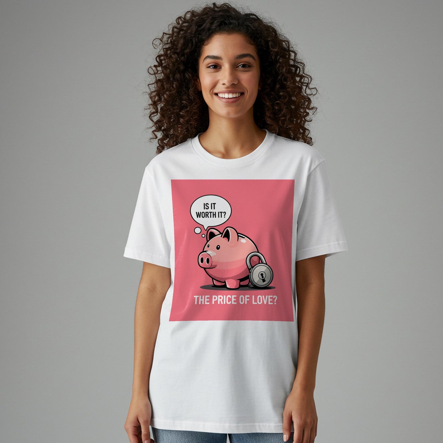 Unisex Garment-Dyed T-shirt with Witty Piggy Bank Design | Ironic Love & Money Graphic Tee | Thought-Provoking Relationship Humor Shirt