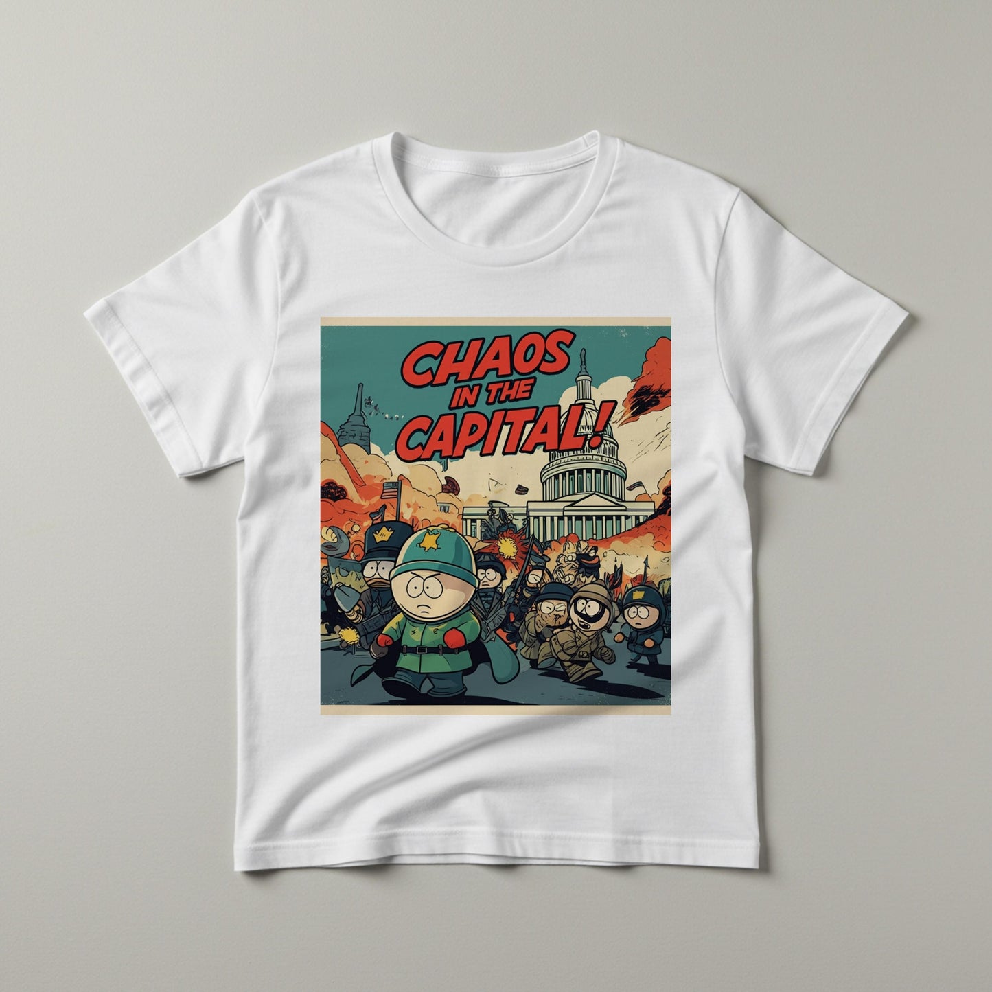 Capital Mayhem South Park Style T-Shirt | Chaos in the Capital Political Satire Tee | Unisex Garment-Dyed Adult Humor Apparel Gift