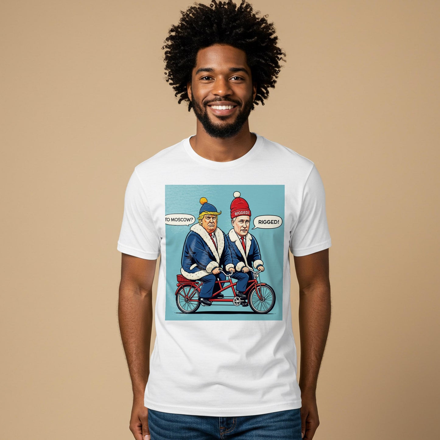 Unisex Garment-Dyed T-shirt with Funny Trump Putin Tandem Bike Political Satire Art. Current Events Humor Tee, Ironic Statement Shirt.
