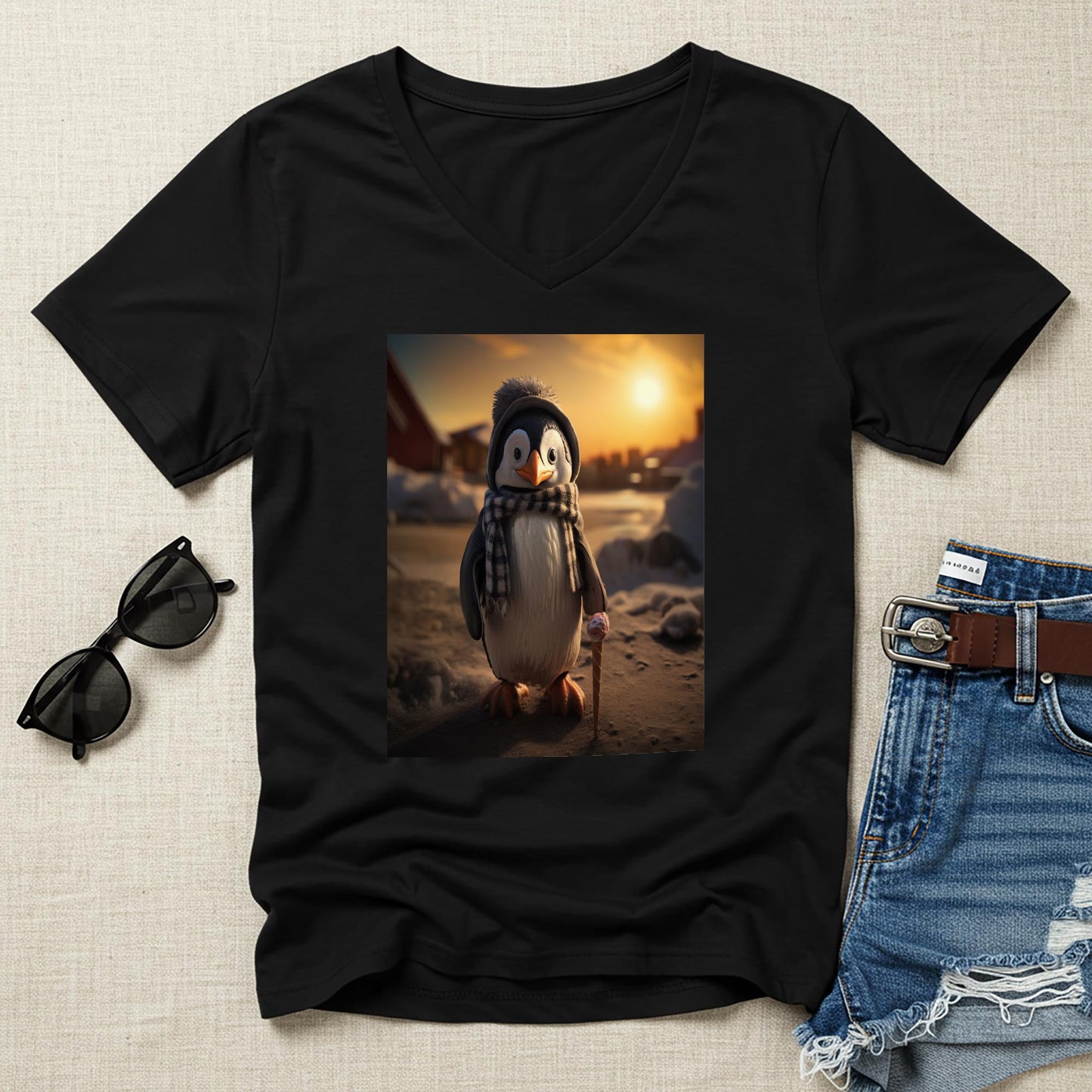 Adorable Winter Penguin V-Neck Tee | Whimsical Animal Graphic T-Shirt | Cozy Unisex Apparel Gift for Penguin Lovers & Holiday Cheer